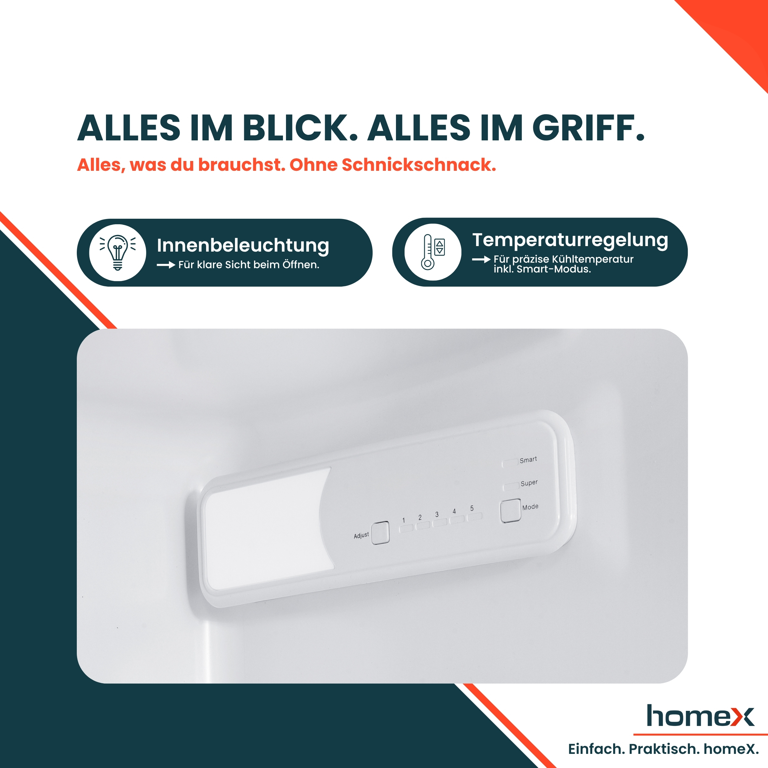 Bedienfeld eines Kühlschranks mit Beleuchtungs- und Temperaturreglern.