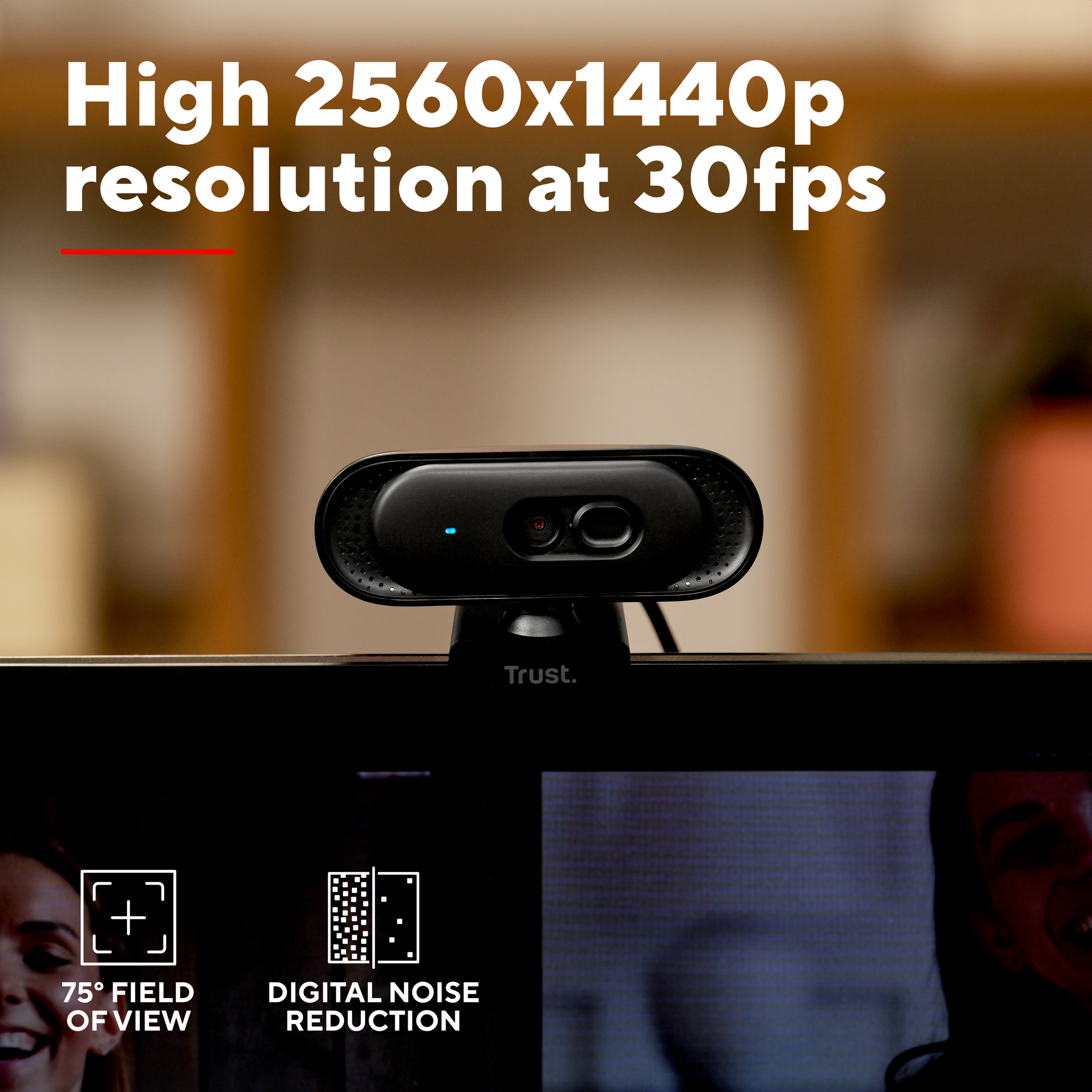 Webcam mit 2560x1440p Auflösung, 75° Sichtfeld und Rauschunterdrückung.