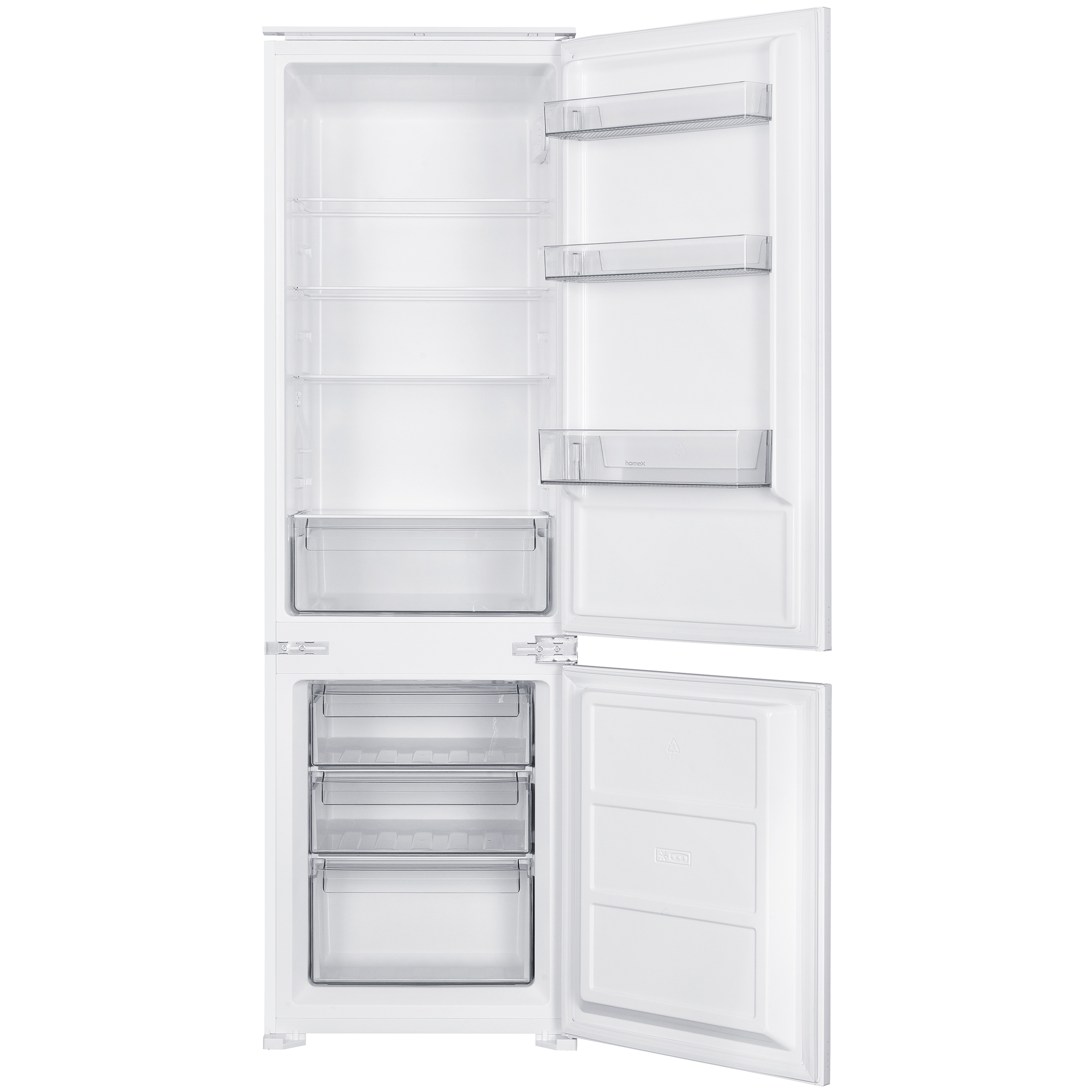 Ein weier Khlschrank mit offener Tr, leer mit Glasablagen und Schubladen.