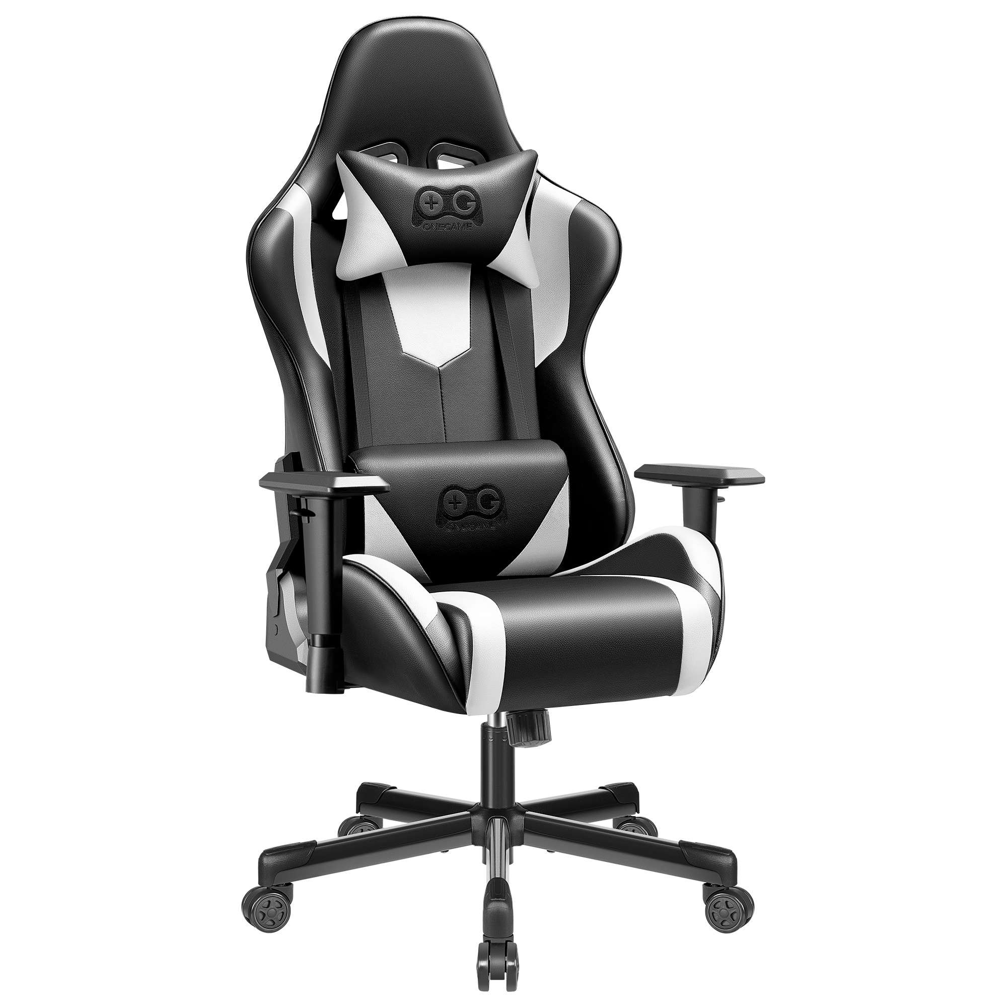 Ein ergonomischer Gaming-Stuhl in Schwarz und Weiß mit verstellbaren Armlehnen und Lendenwirbelstütze.