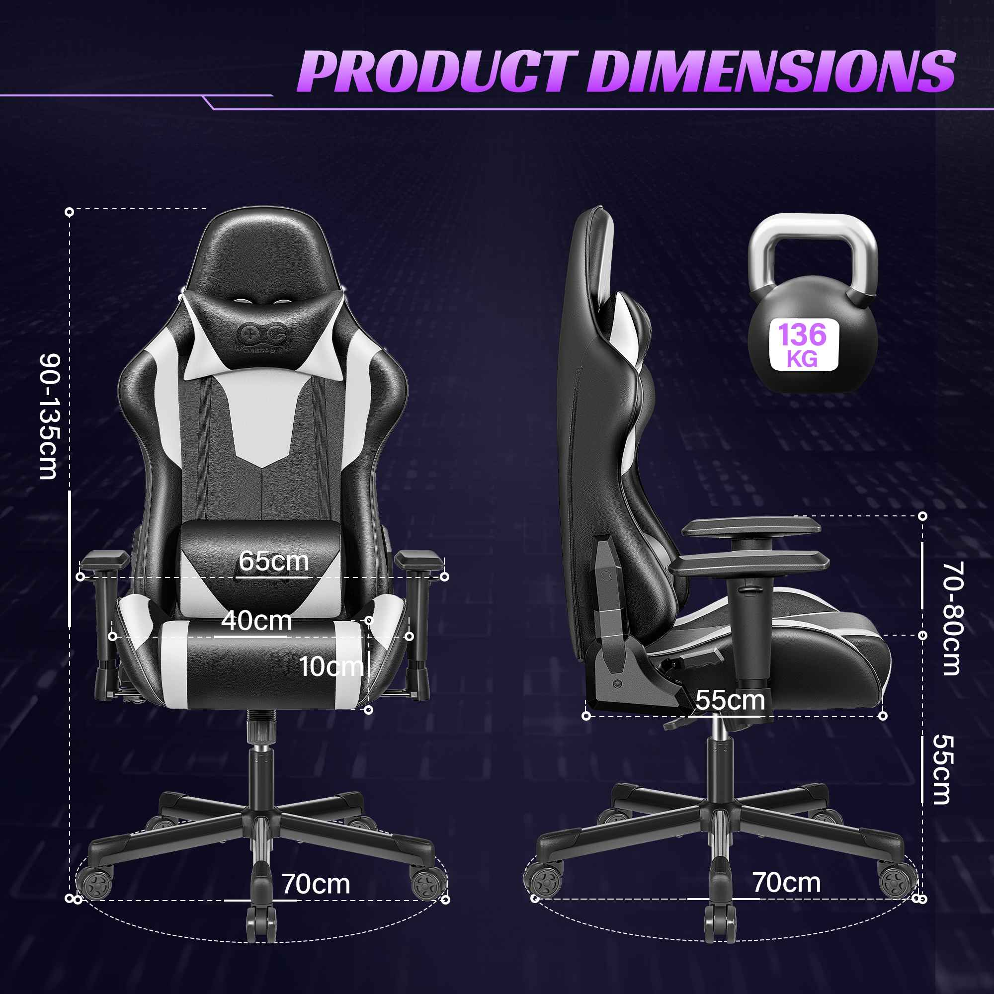 Gaming-Stuhl mit Maßen: H 90-135cm, B 65cm, T 55cm. Maximalgewicht 136kg.