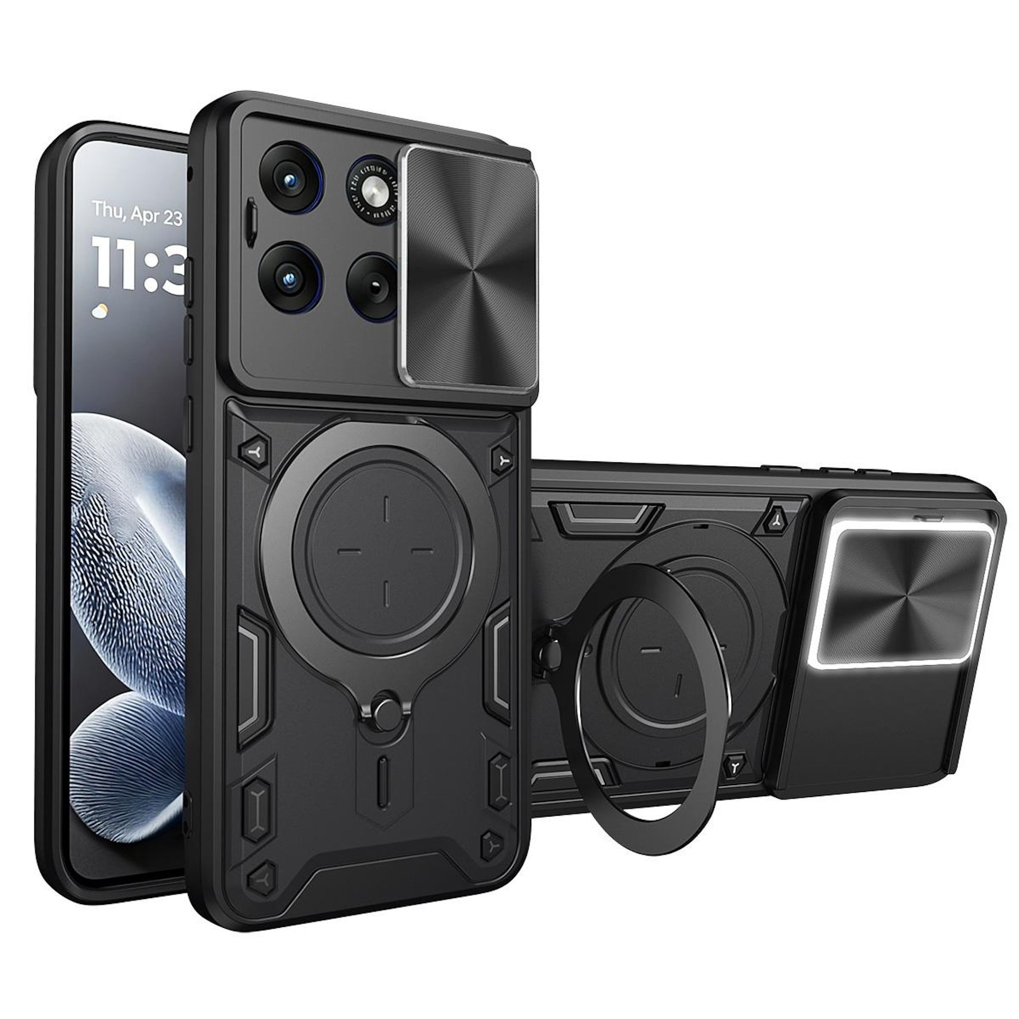 Schwarzes Smartphone mit Schutzhülle, drei Kameras und Ringhalterung.