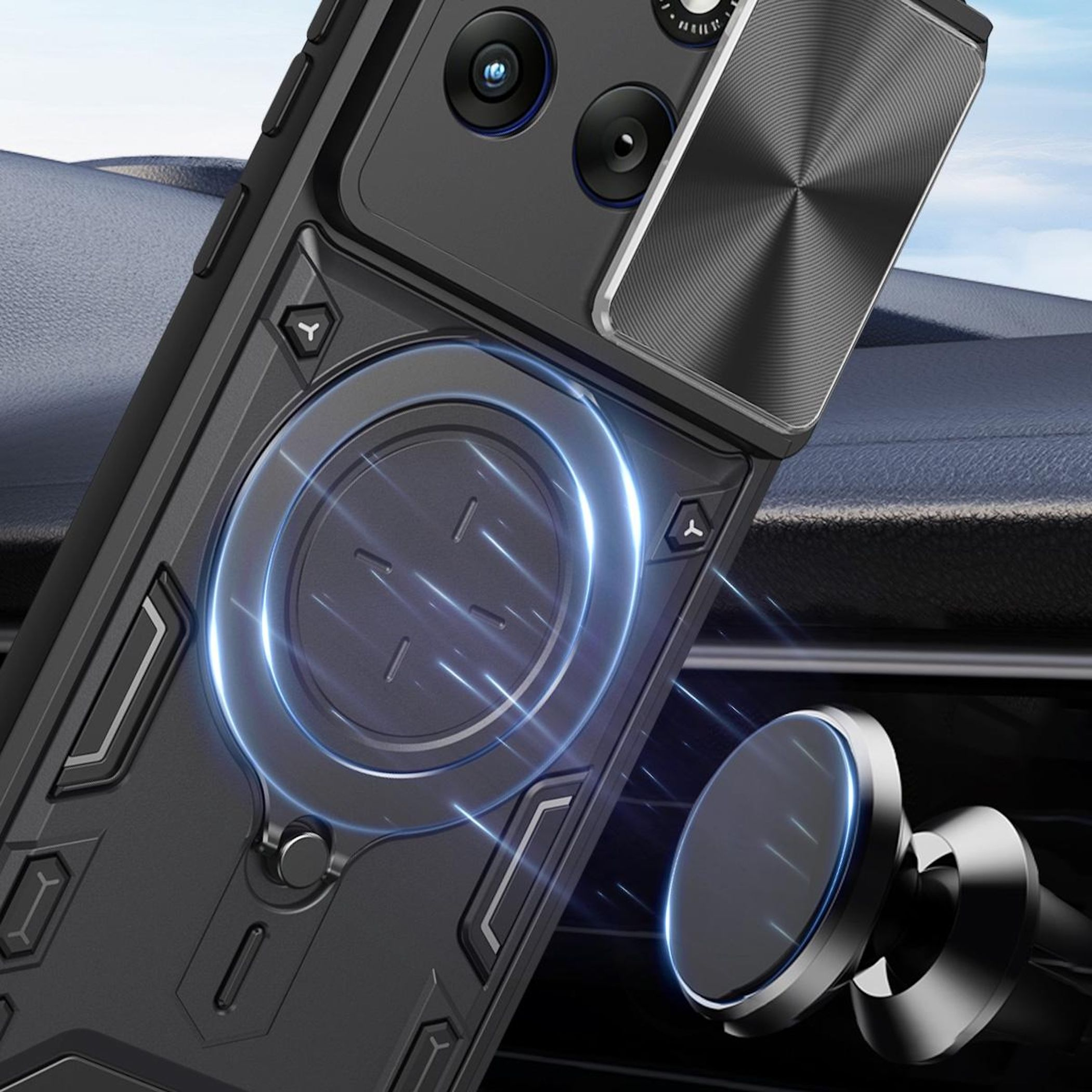 Schwarze Handyhülle mit Magnet und Lüfter auf Autohalterung im Auto.