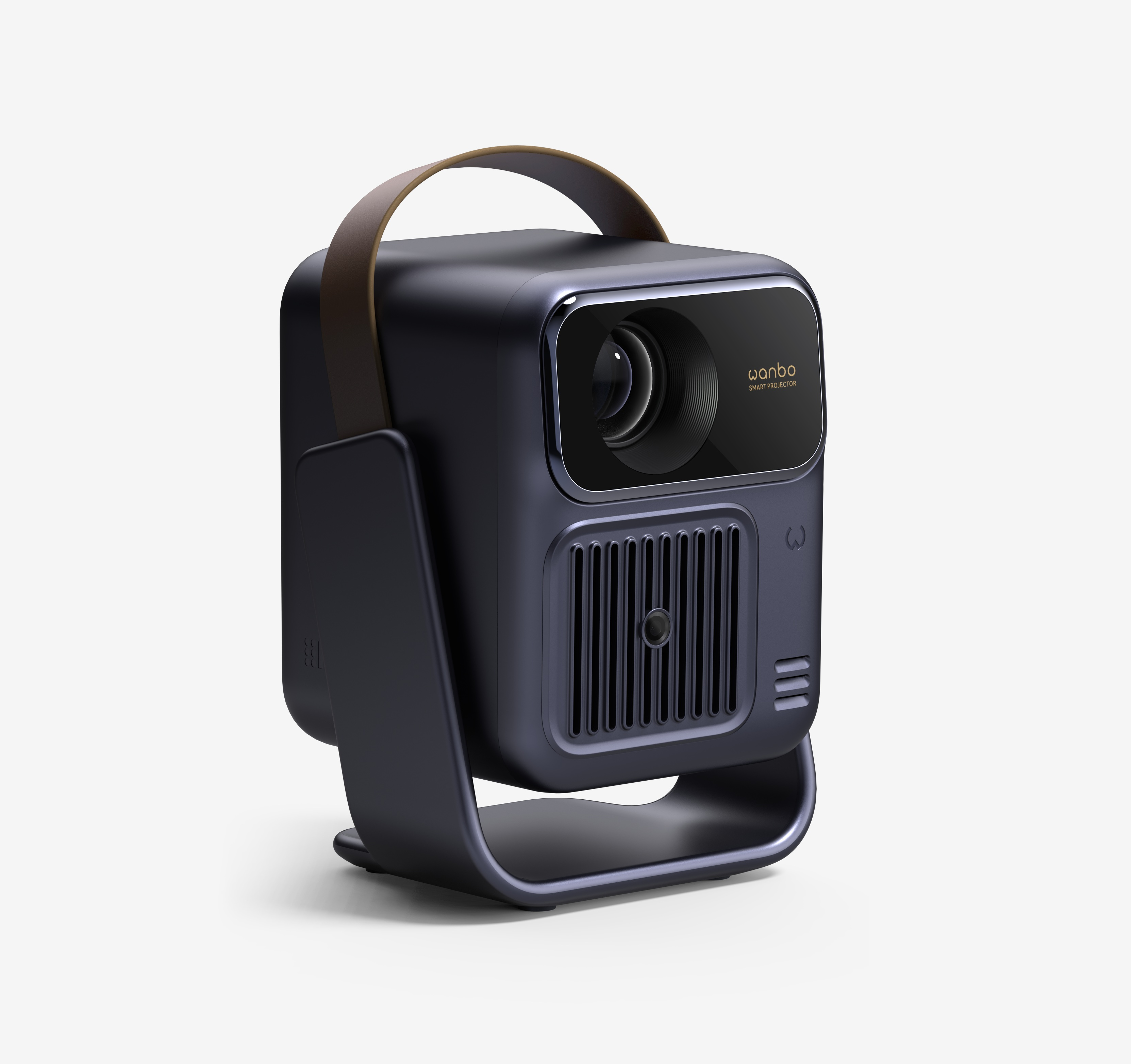 Un projecteur portable bleu foncé avec une sangle en cuir, sur un support.