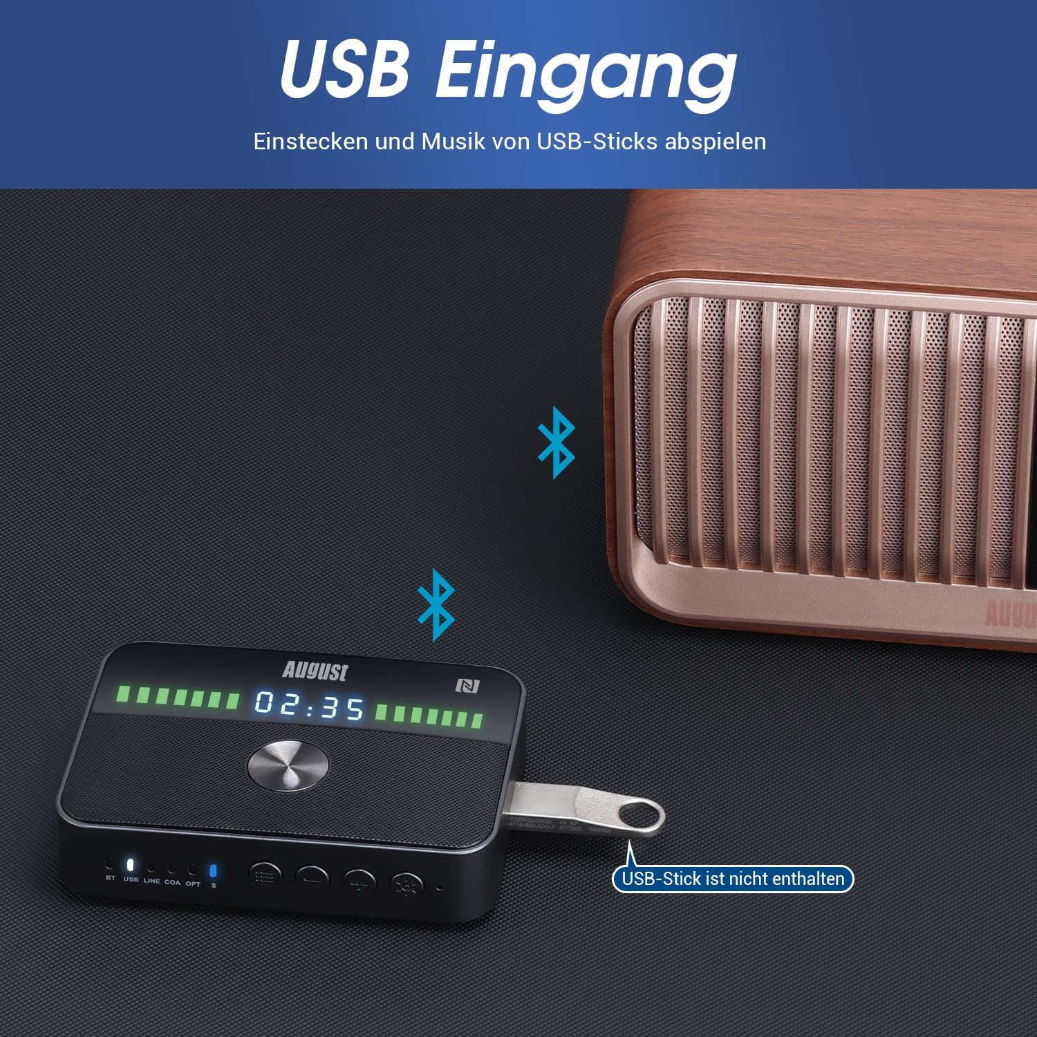 Schwarzer August-Player mit Display, verbunden mit einem Holz-Lautsprecher. USB-Eingang.
