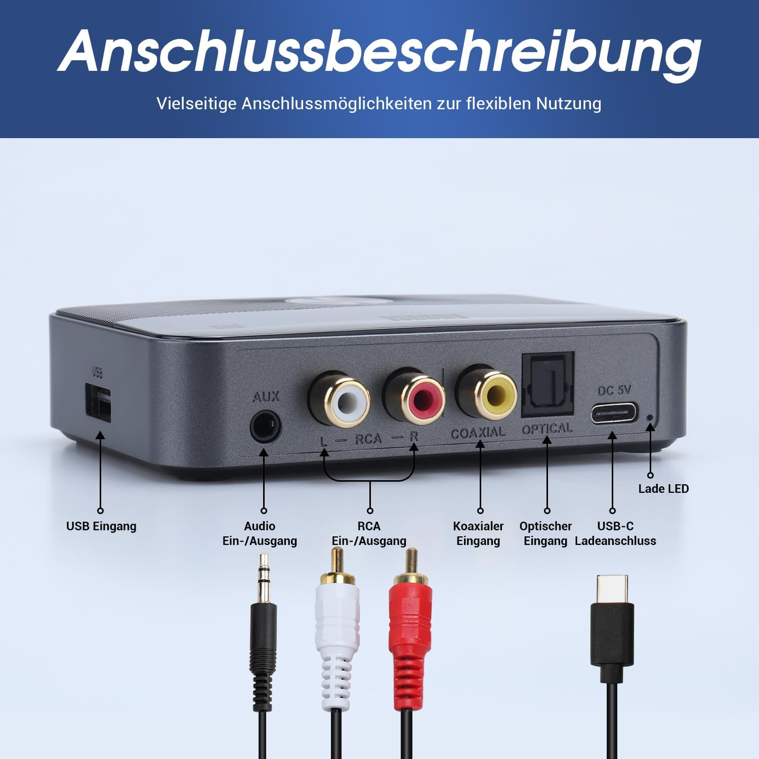 Gerät mit Anschlüssen: USB, AUX, RCA, Koaxial, Optisch, DC 5V, Lade LED.