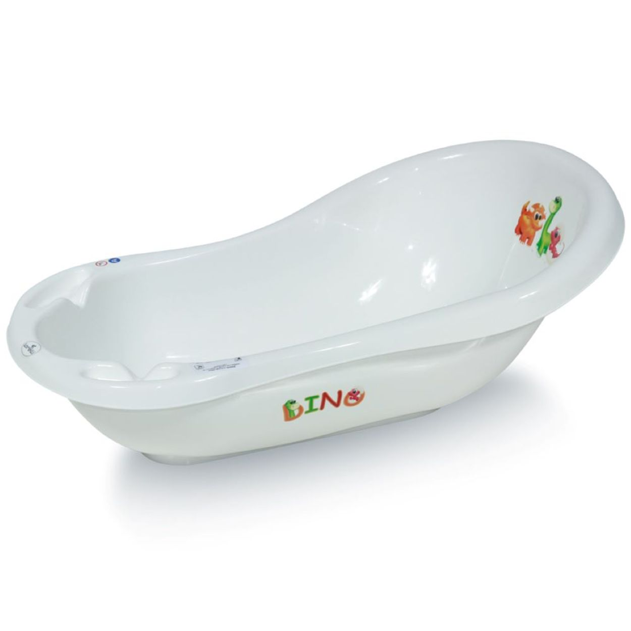 Eine weiße Babybadewanne mit Dino-Aufklebern und dem Schriftzug "DINO".