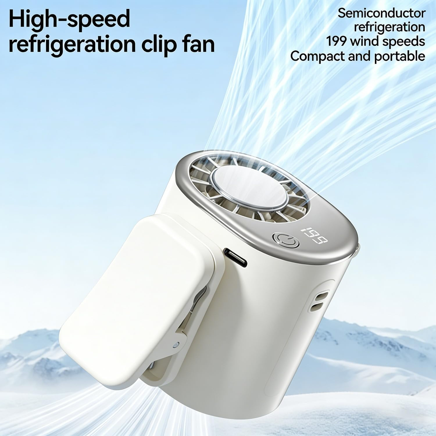 Ein weißer Clip-Ventilator mit silbernen Akzenten und digitaler Anzeige.