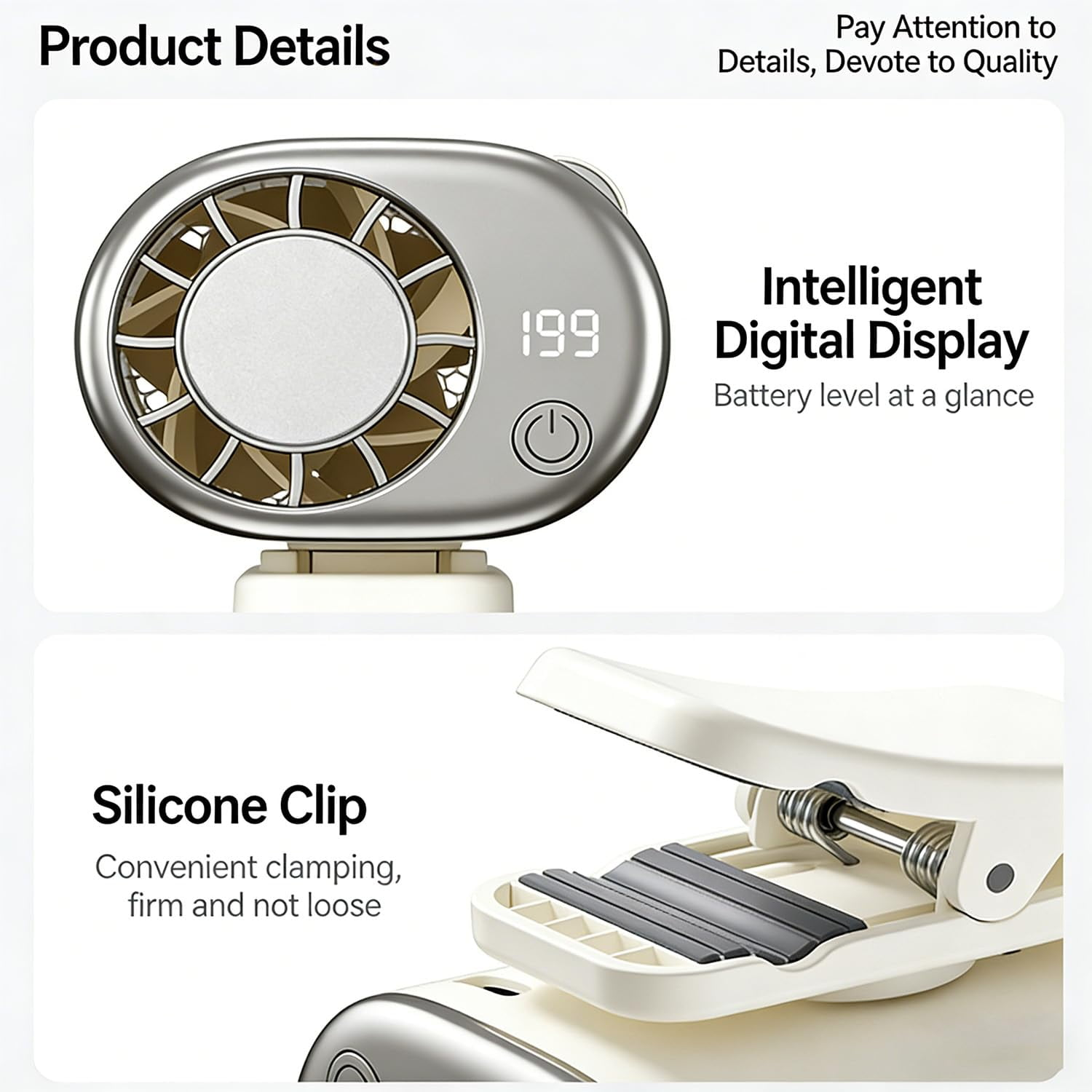 Ein silberner Ventilator mit digitaler Anzeige und ein weißer Clip mit Silikonauflagen.