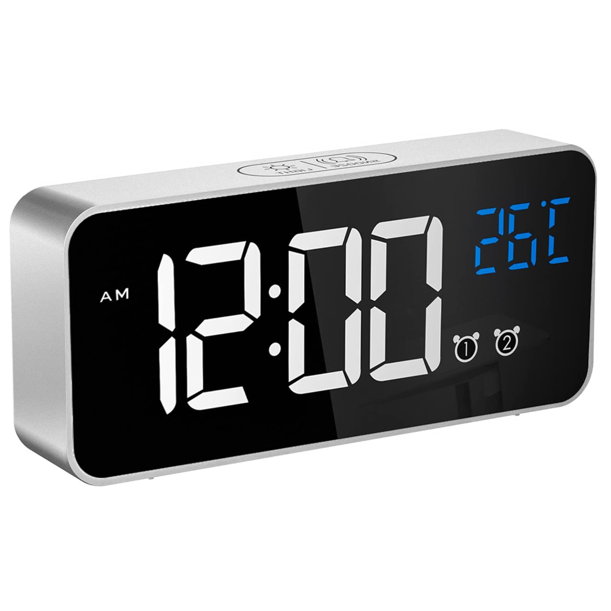 Digitaler Wecker zeigt 12:00 Uhr und 26,1 Grad Celsius an.