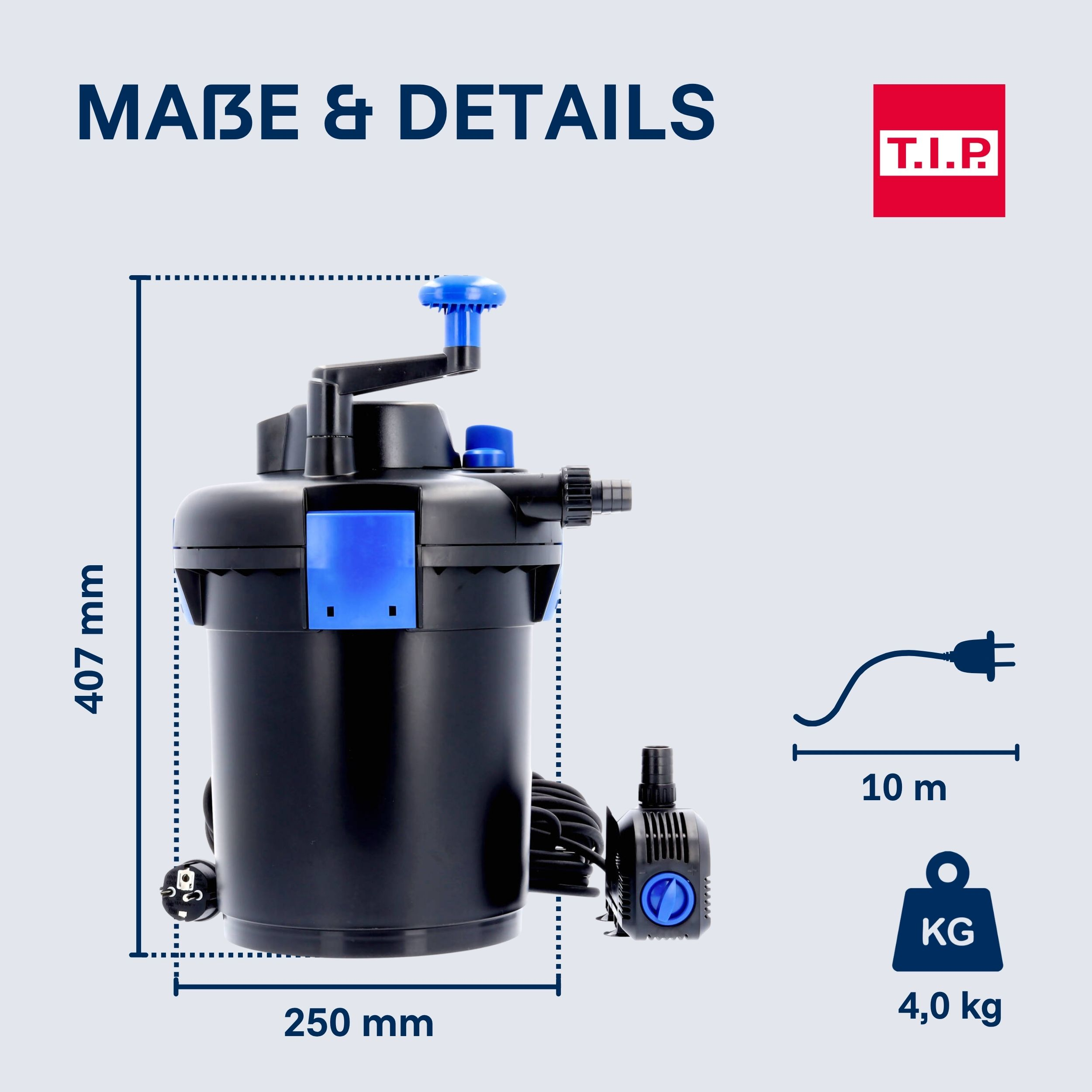 Schwarzer Pumpenfilter 407mm hoch, 250mm breit, mit 10m Kabel, wiegt 4kg.