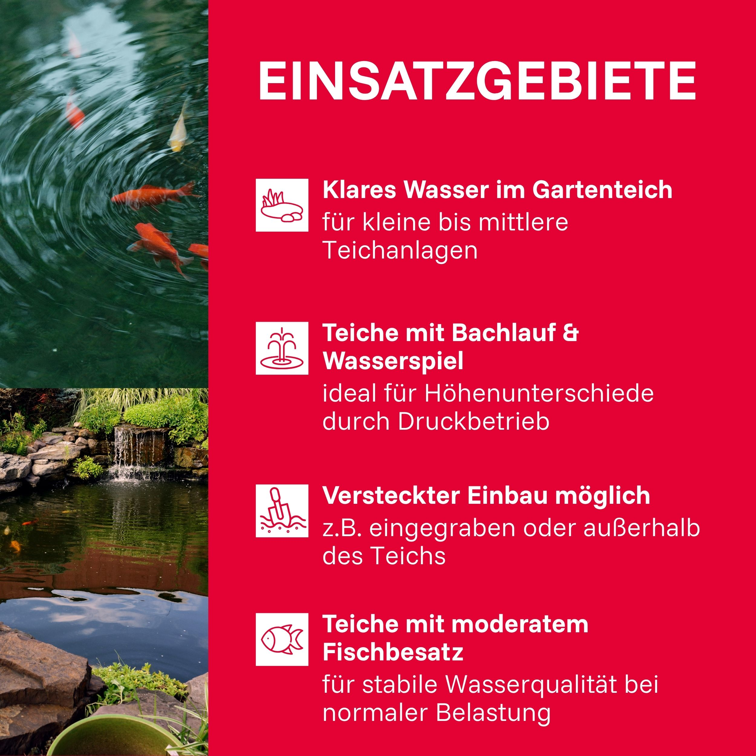 Einsatzgebiete: Klarer Gartenteich, Bachlauf, versteckter Einbau, moderater Fischbesatz.