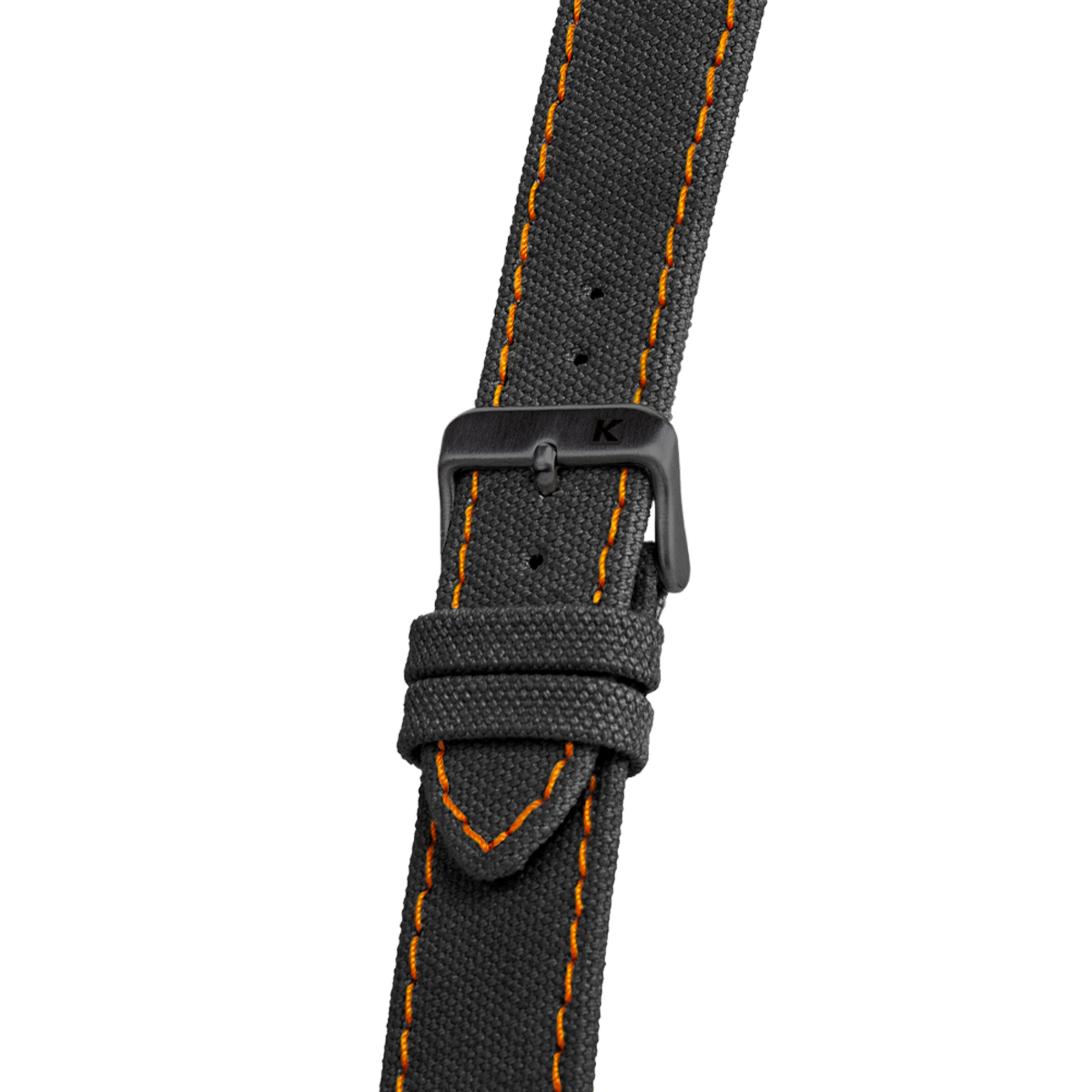 Ein schwarzes Uhrenarmband mit orangefarbenen Nähten und einer schwarzen Schnalle.