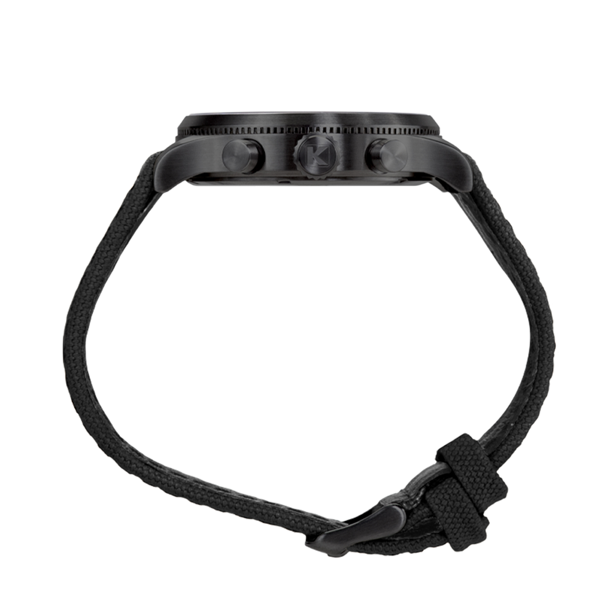 Schwarze Armbanduhr mit Stoffarmband, Seitenansicht.