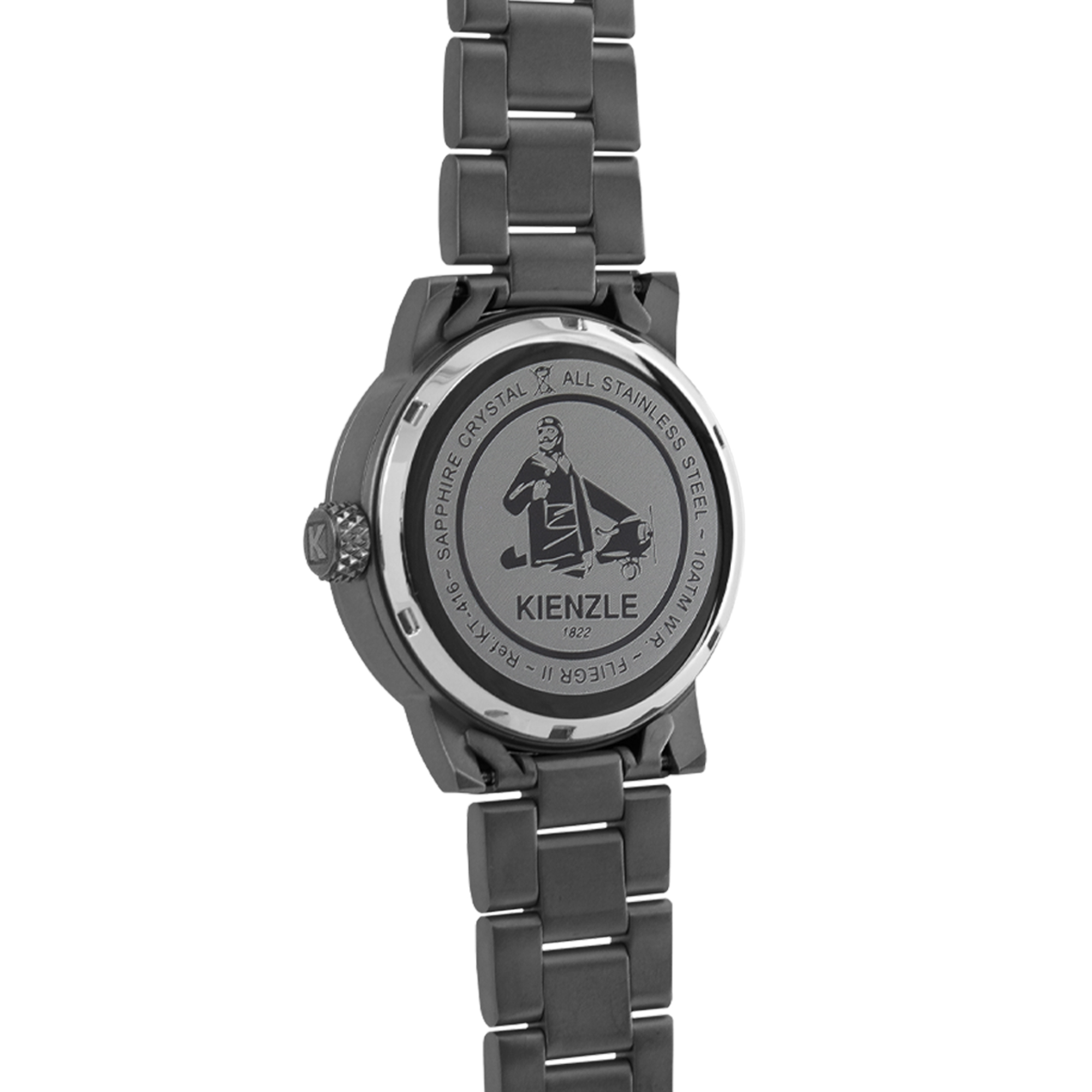 Dunkelgraues Metallarmbanduhr mit Bild eines Piloten auf dem Rückendeckel.