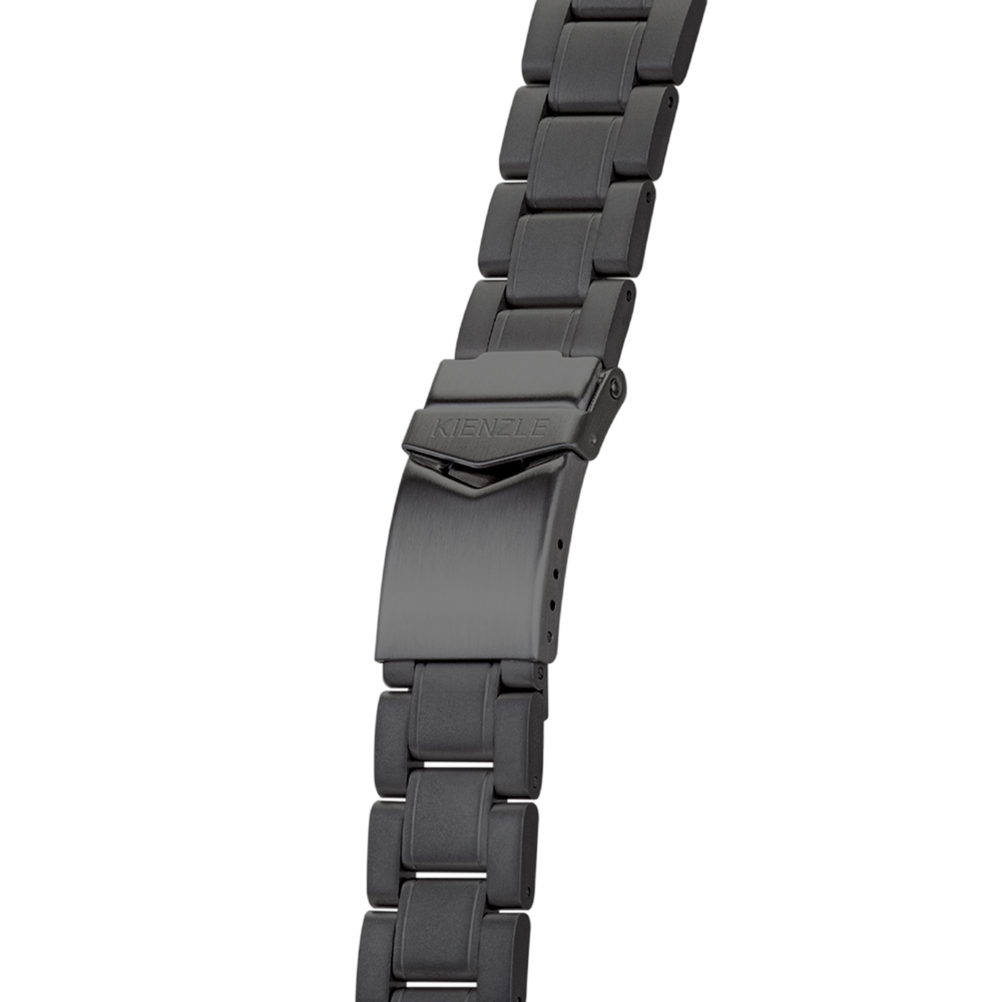 Dunkelgraues Metallarmband einer Uhr mit Kienzle-Logo auf der Schließe.