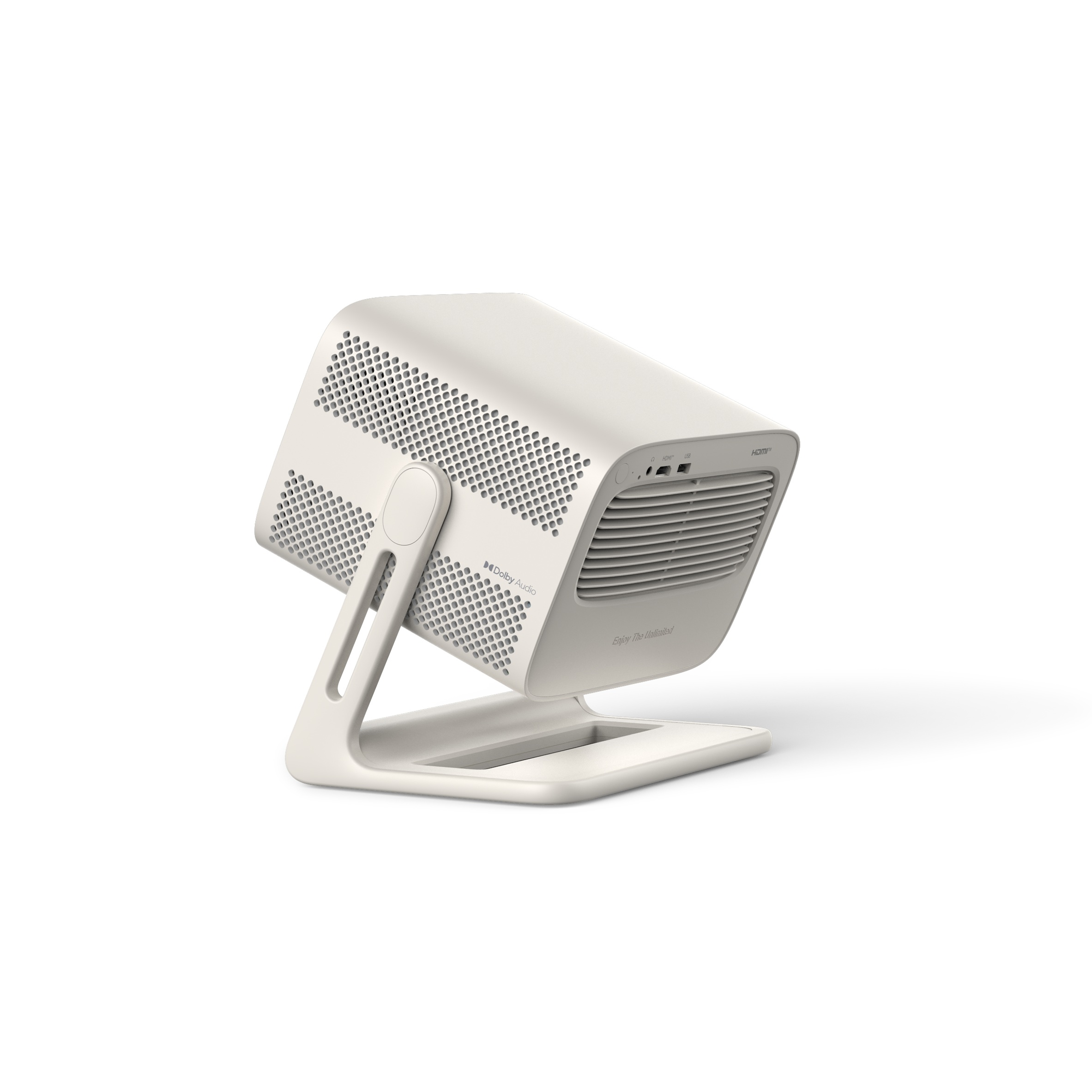 Un proiettore bianco su supporto, con Dolby Audio e porte HDMI/USB.