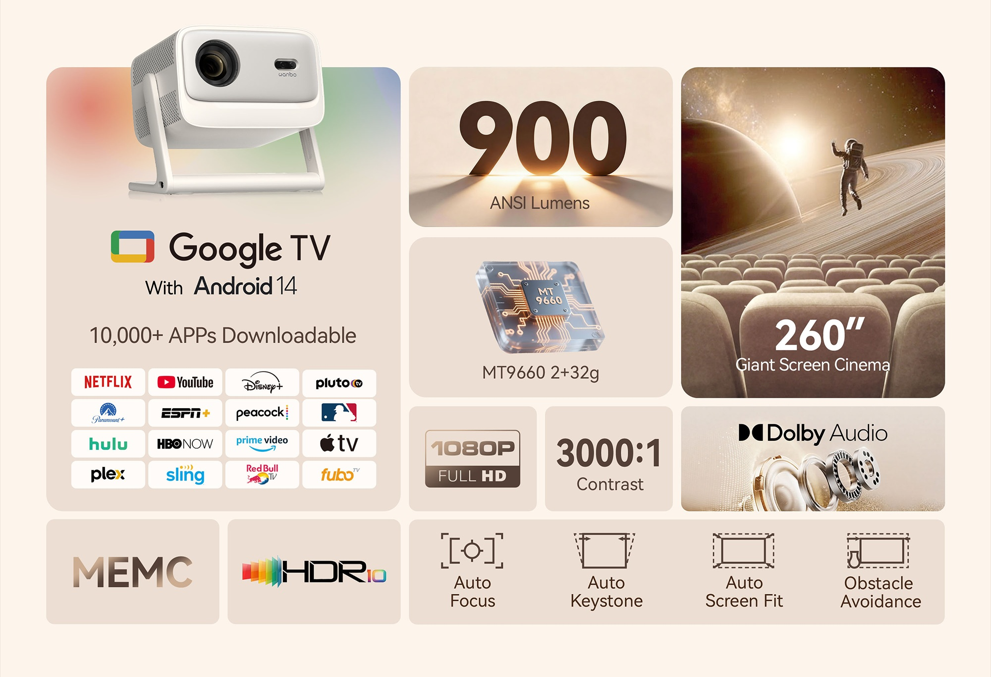 Proiettore con Google TV, 900 lumen, 1080p, cinema da 260", Dolby Audio.