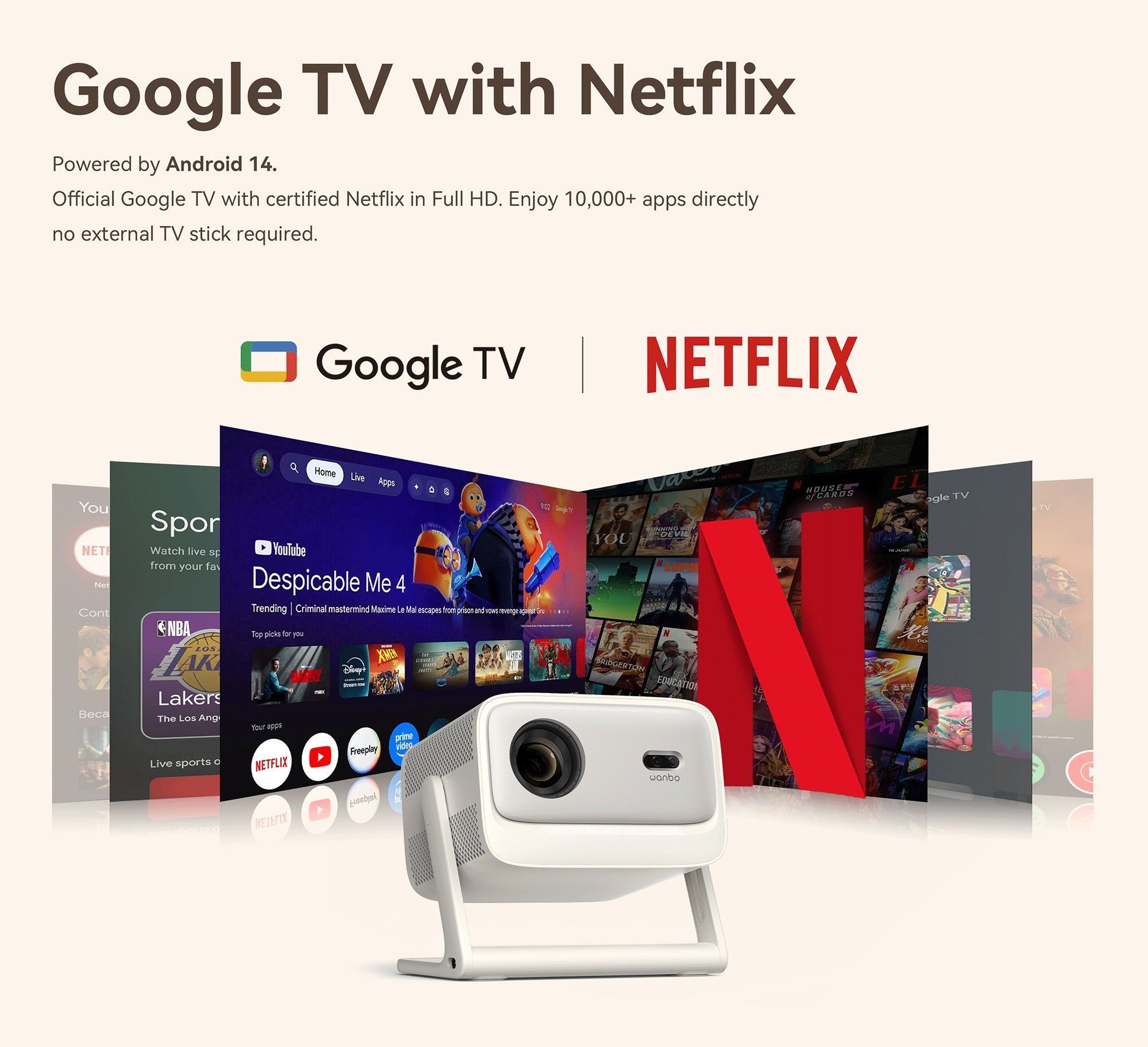 Un proiettore bianco con loghi Google TV e Netflix. Schermi multipli mostrano app.