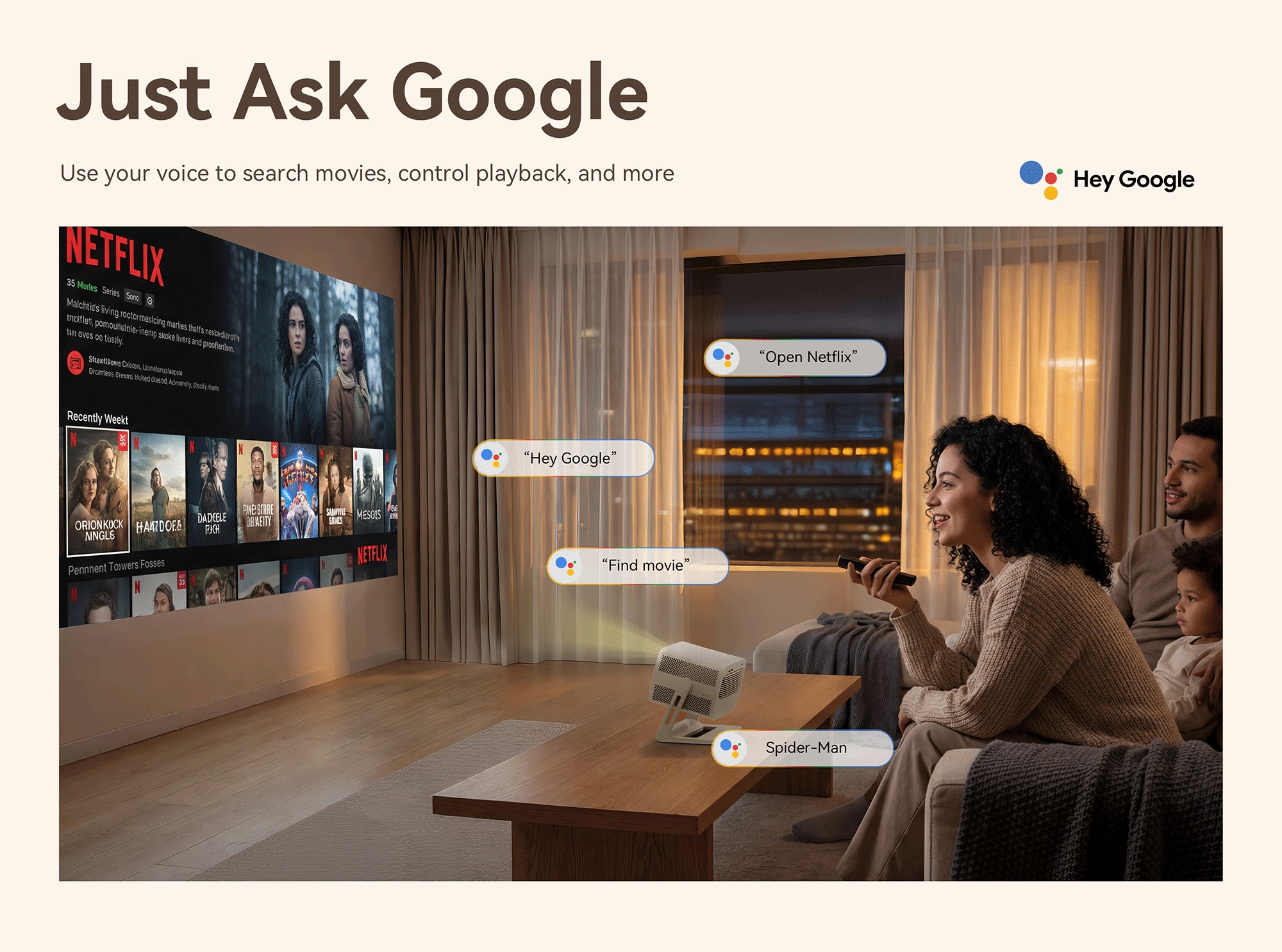 Famiglia guarda Netflix su grande schermo con comandi Google Assistant.