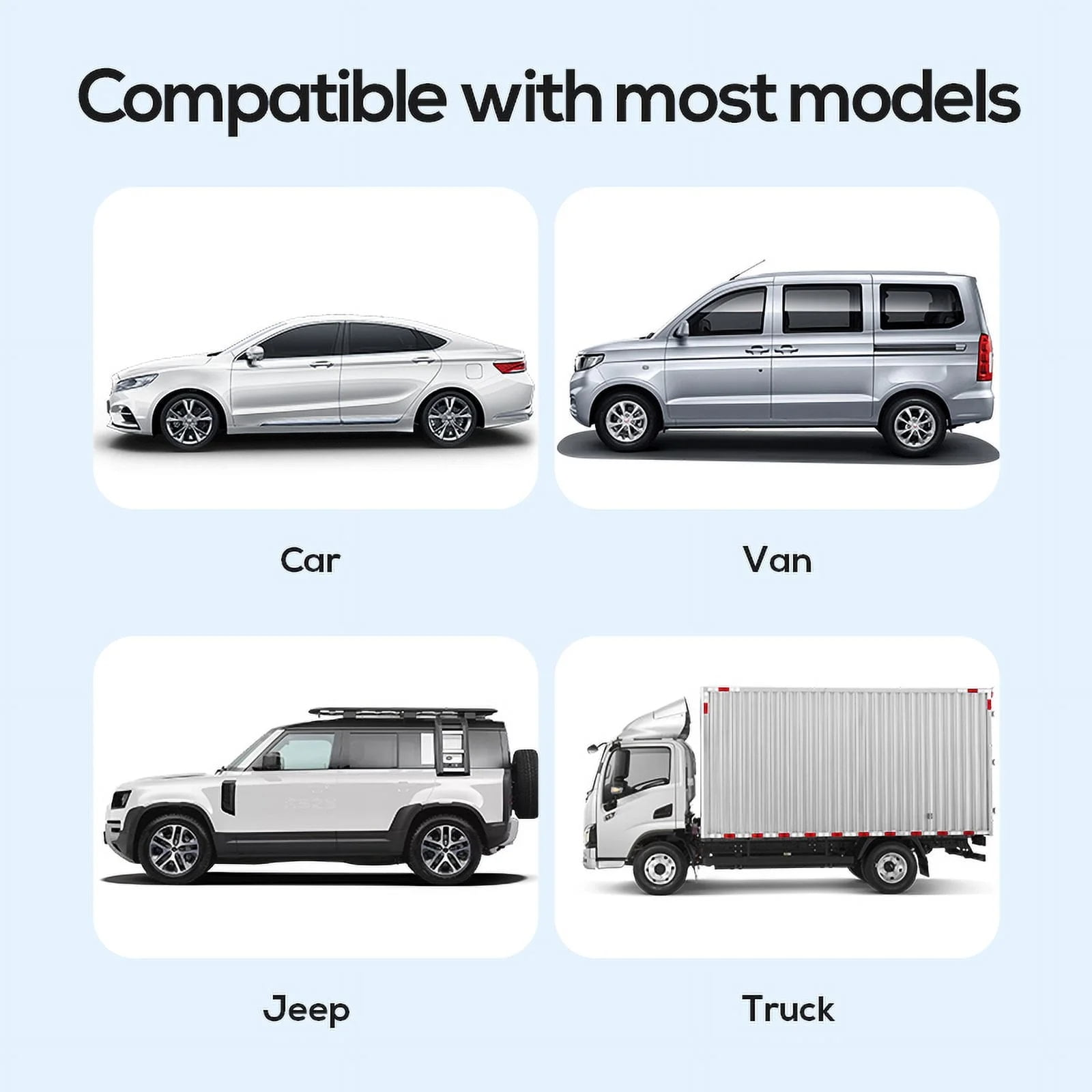 Ein weißer Wagen, silberner Van, weißer Jeep und weißer LKW nebeneinander.
