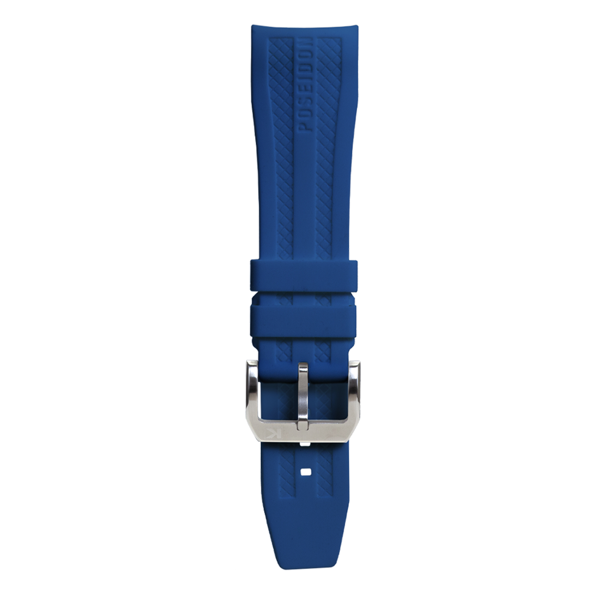 Ein blaues, gummiartiges Uhrenarmband mit silberner Schnalle und eingeprägtem Text.