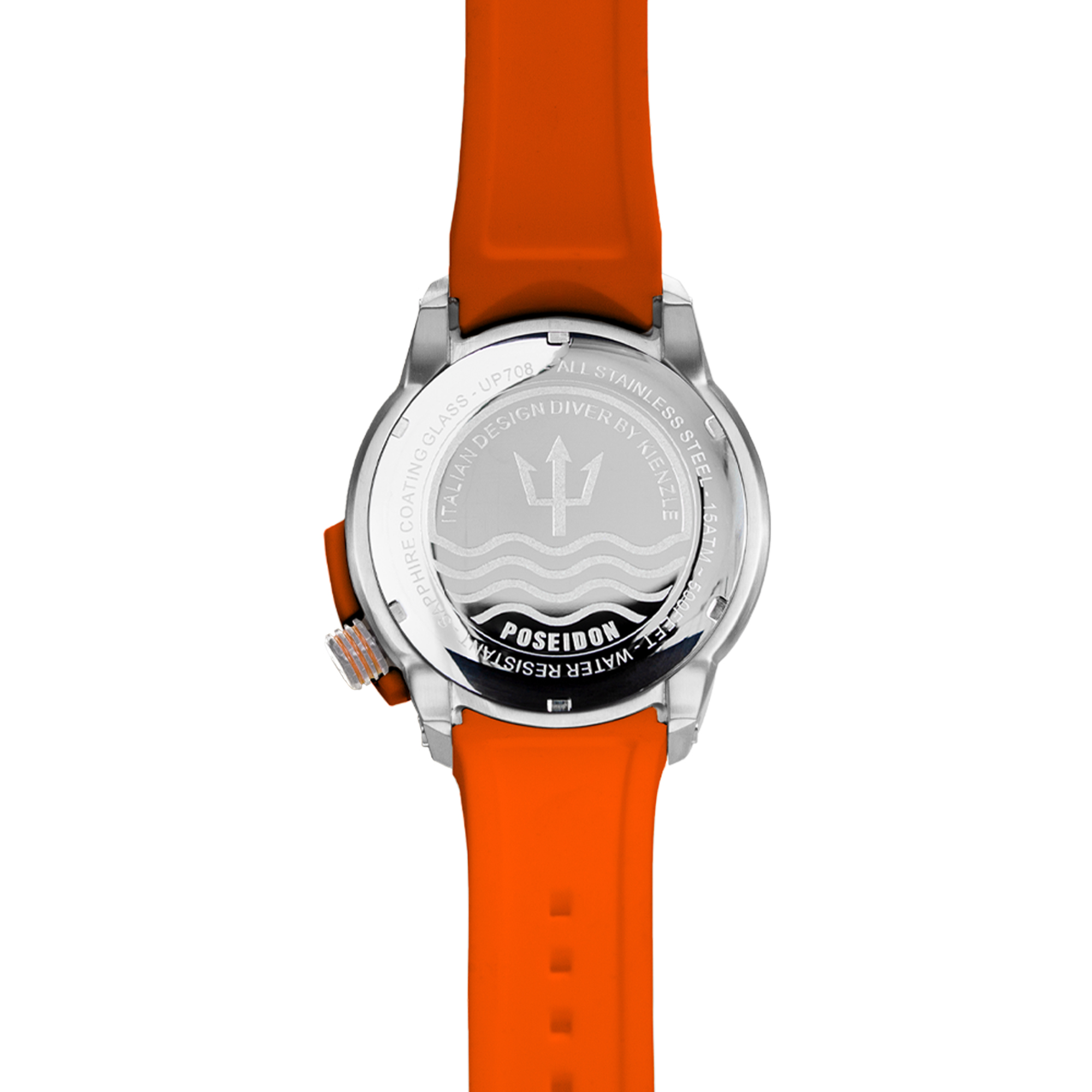 Rückseite einer orangefarbenen Taucheruhr mit silbernem Gehäuse und Markierungen.