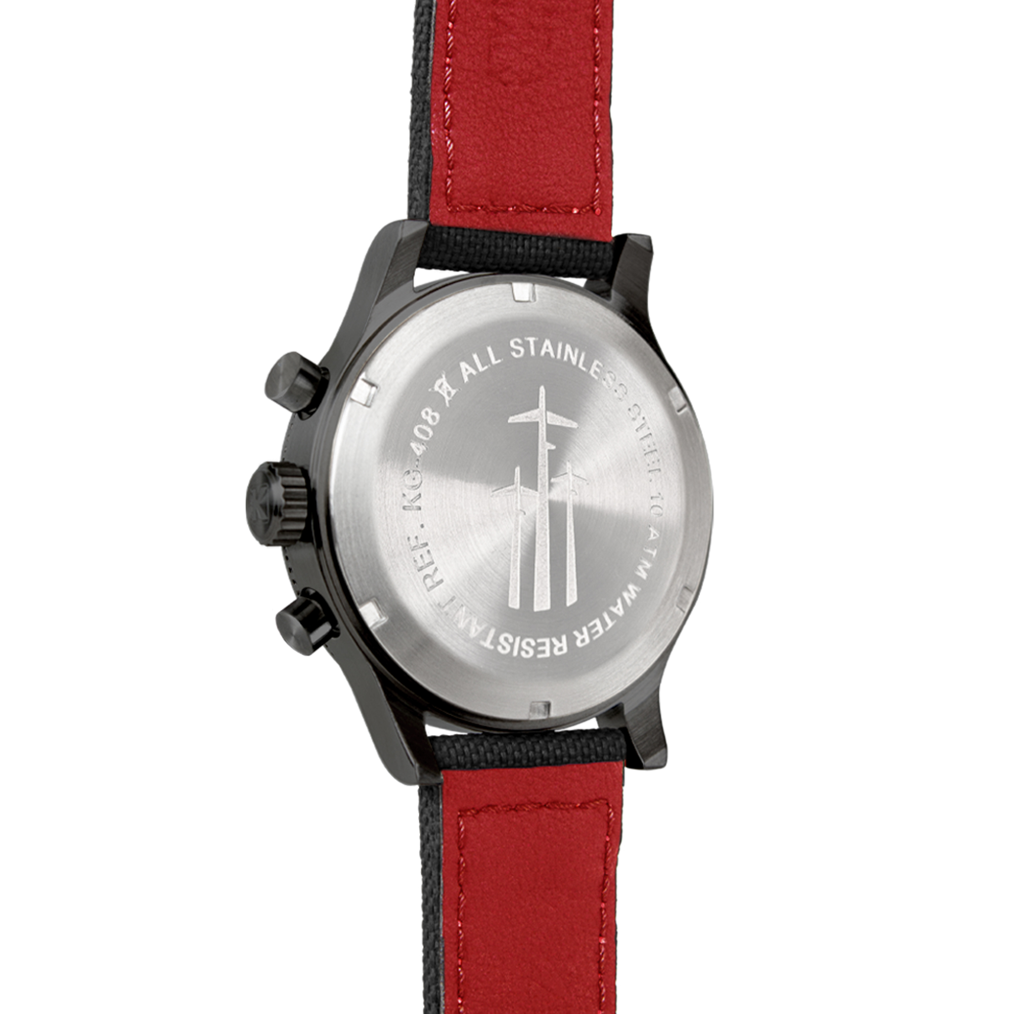 Rückseite einer schwarzen Uhr mit rotem Band, zeigt ein Flugzeugsymbol.