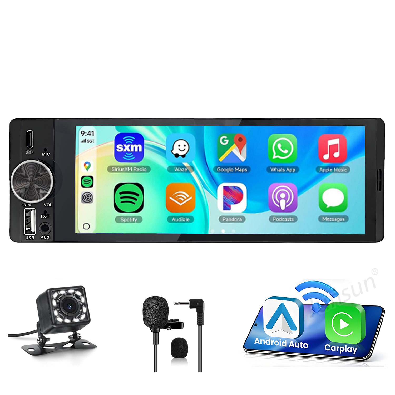 Car-Infotainment-System mit Apps, Rückfahrkamera, Mikrofon und Smartphone-Integration.