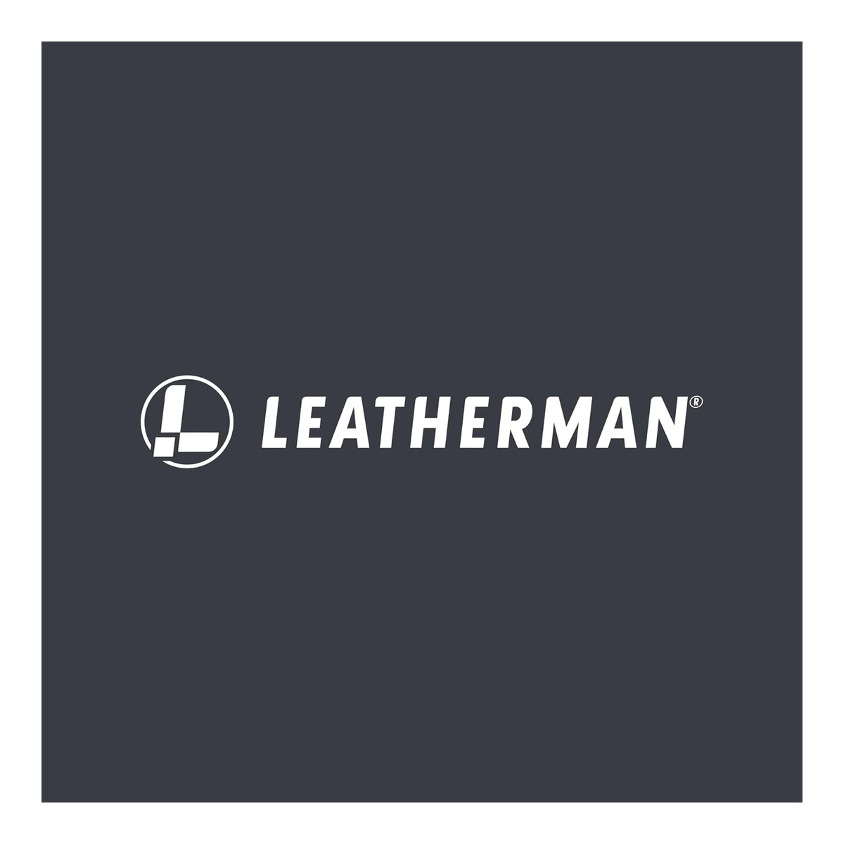 Das Leatherman-Logo auf dunkelgrauem Hintergrund.