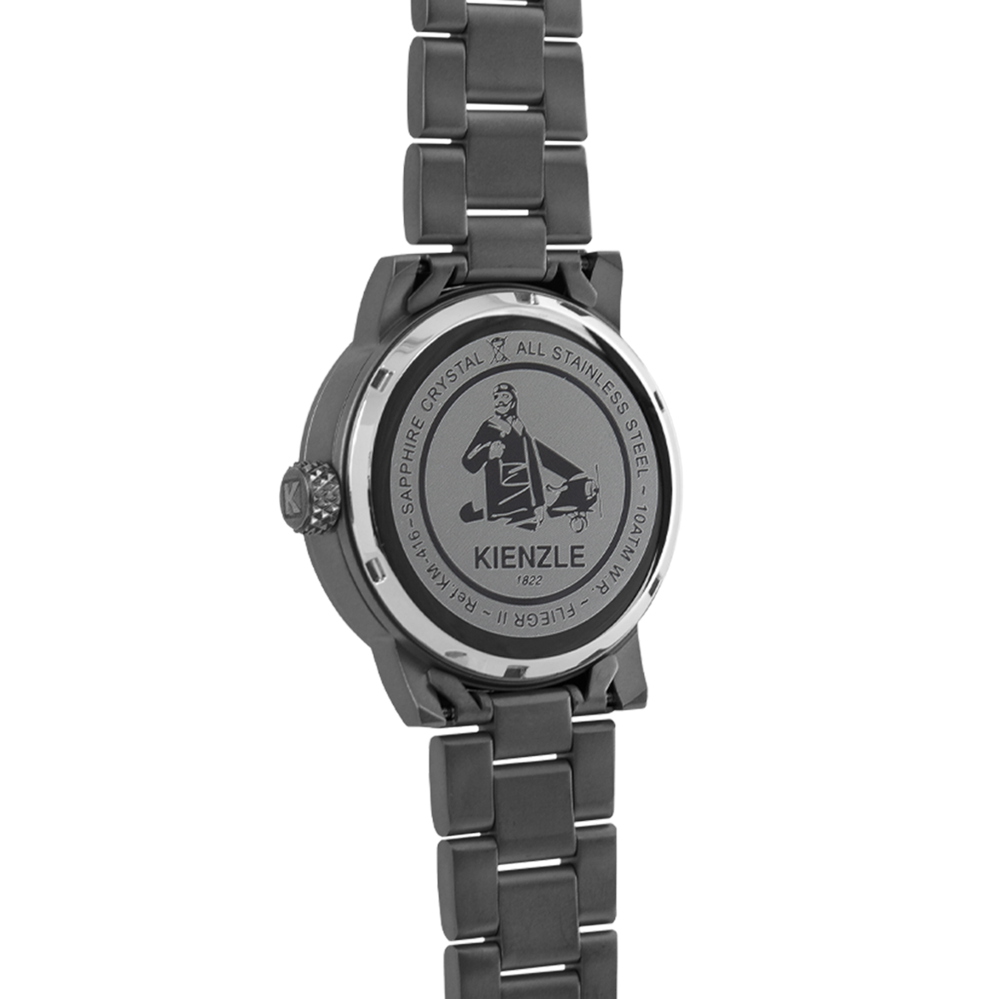 Dunkelgraue Kienzle Flieger II Uhr mit poliertem Stahlgehäuse und Armband.