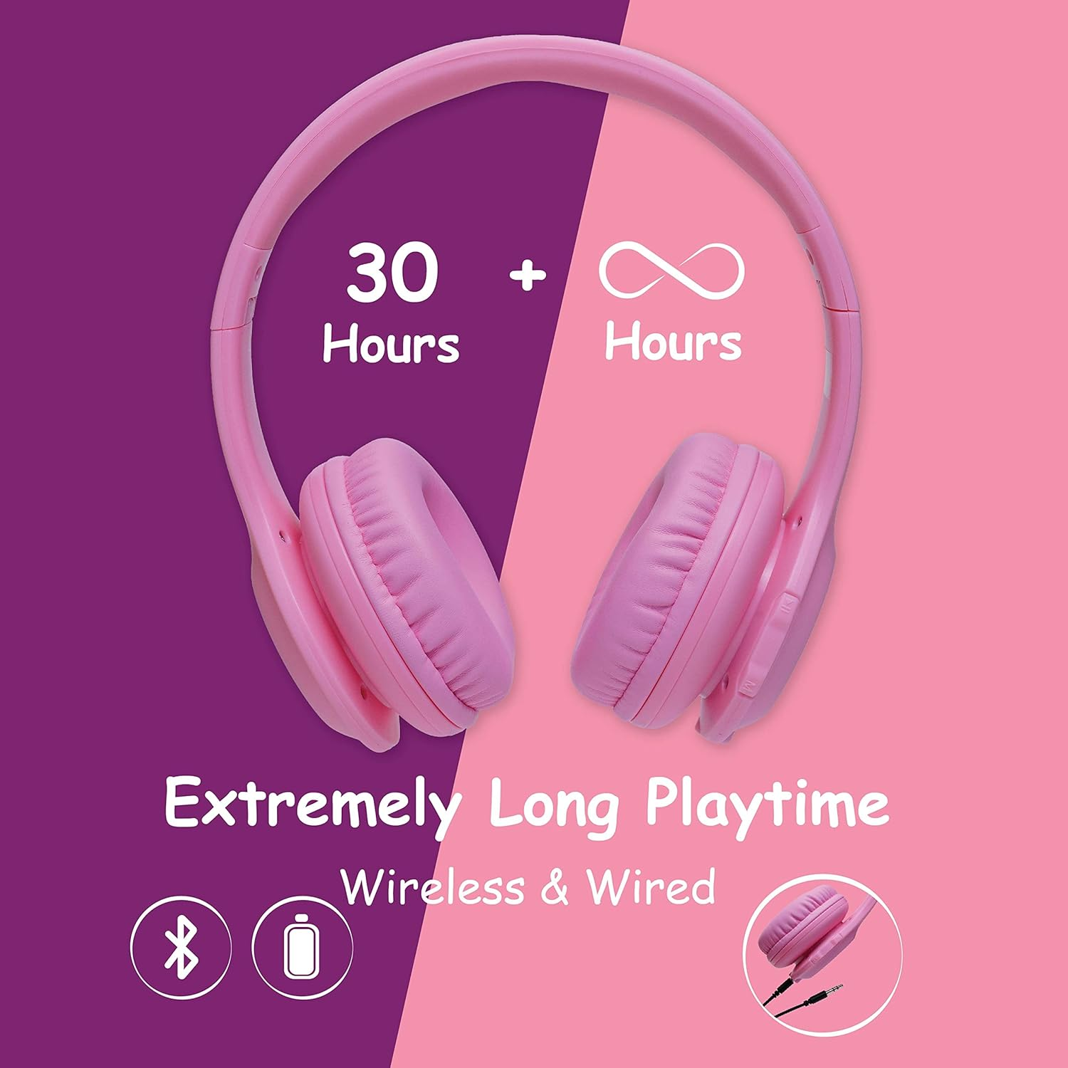 Casque rose avec texte : 30+ heures d'autonomie, sans fil et filaire. Icônes batterie et Bluetooth.