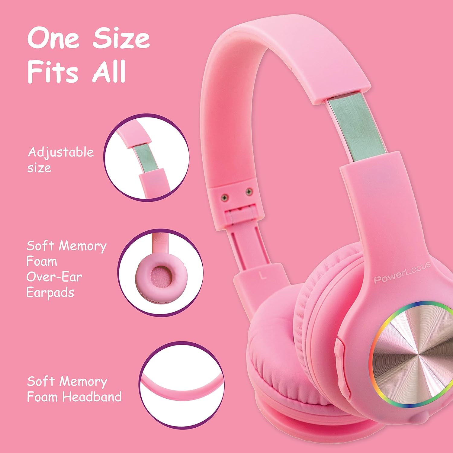 Casque rose avec bandeau réglable et coussinets d'oreille doux.