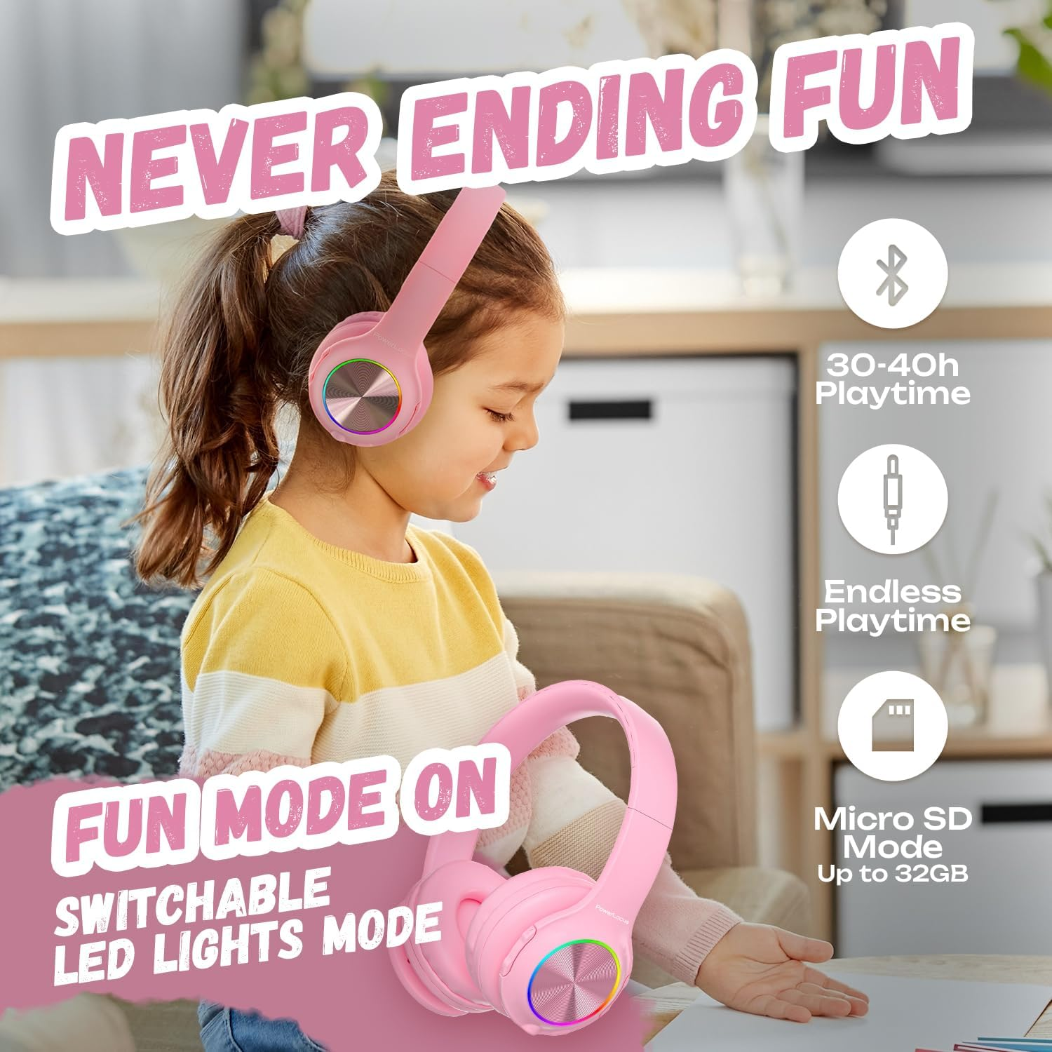 Une fille portant des écouteurs roses à LED, impatiente de passer en mode amusant.