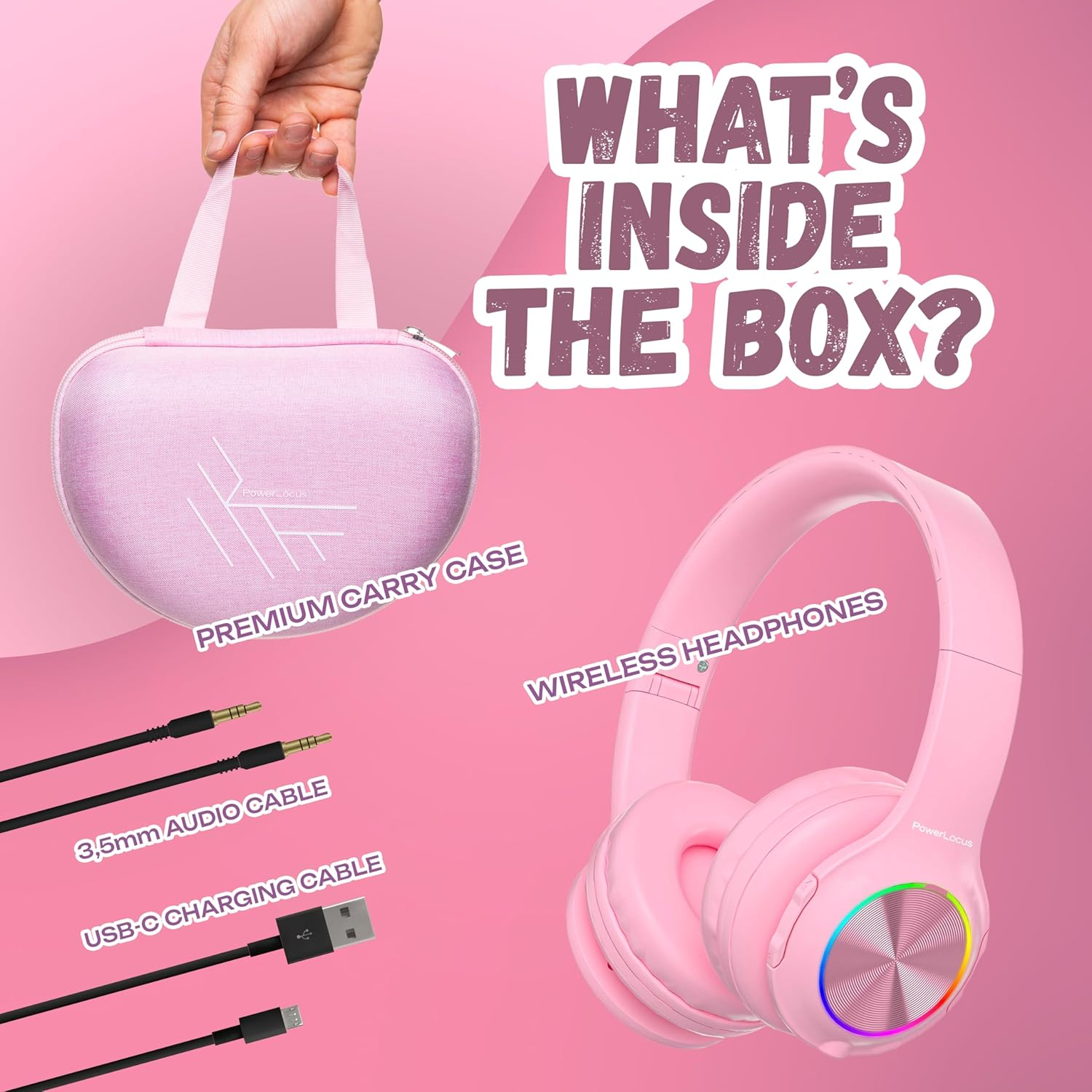 Casque rose, accessoires et étui avec texte. Qu'y a-t-il dans la boîte ?
