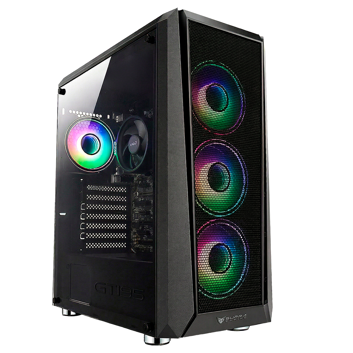 Torre de computadora negra con lateral de cristal, ventiladores RGB y frontal de malla.