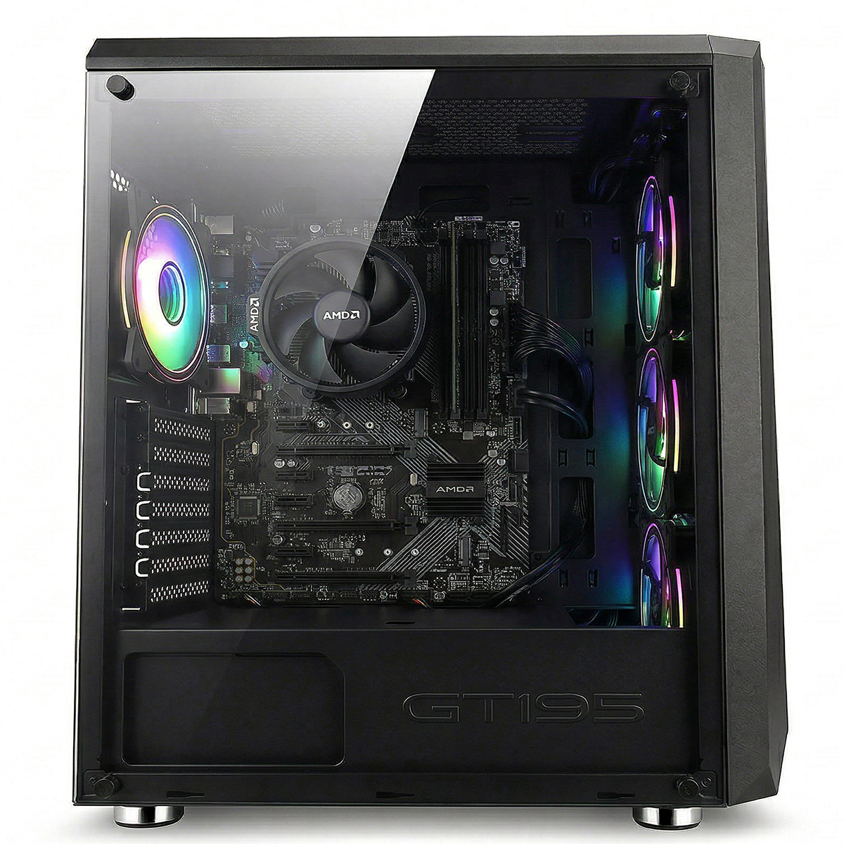 Torre de PC abierta con ventiladores RGB, placa base y disipador de CPU.