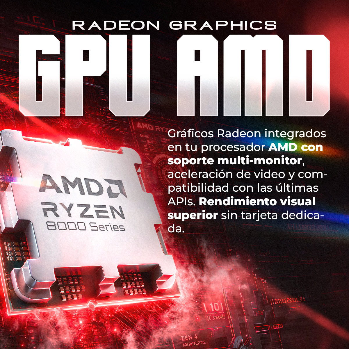 GPU AMD Ryzen Serie 8000 con gráficos Radeon. Multimonitor, aceleración video.