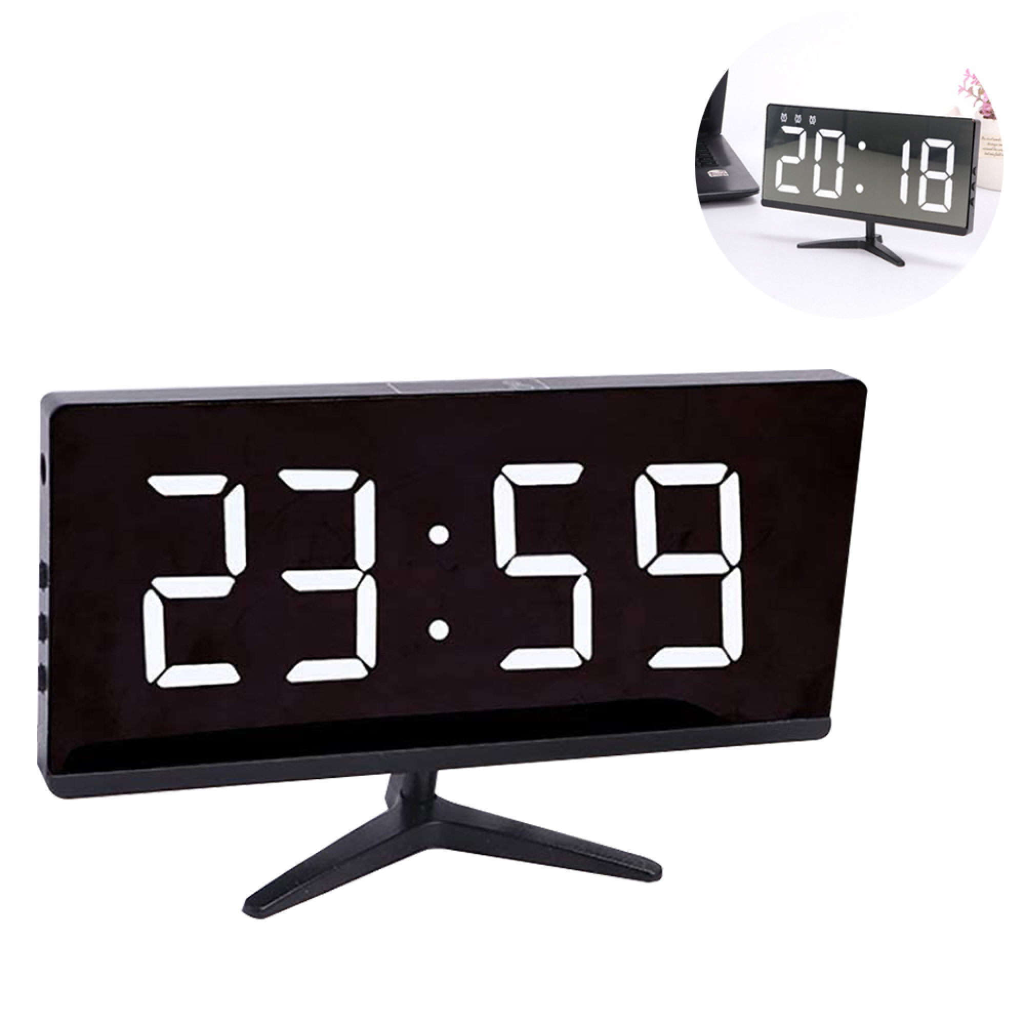 Schwarzer Digitalwecker mit weißer Anzeige, zeigt 23:59 an.