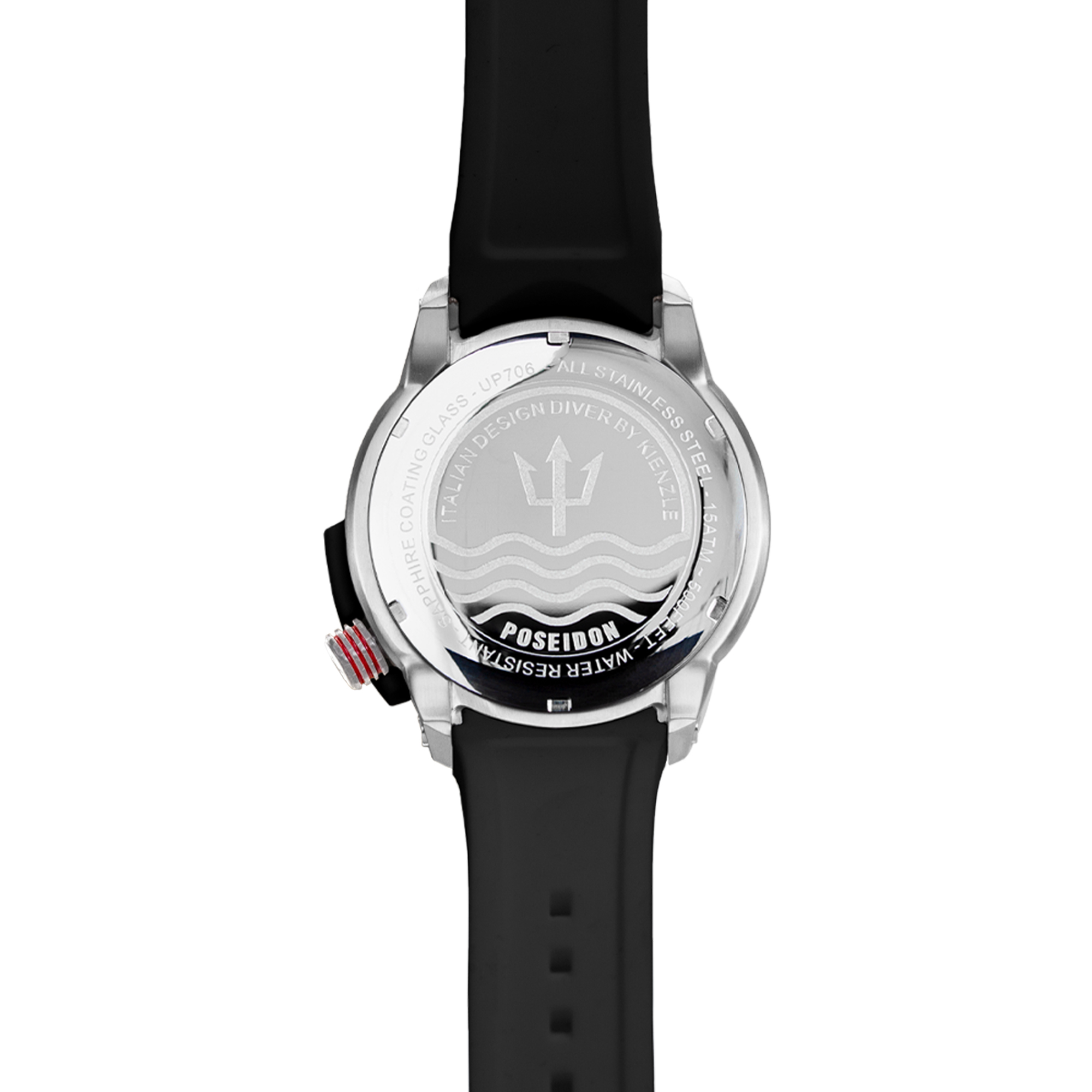 Rückseite einer Taucheruhr mit schwarzem Armband und silbernem Gehäuse.