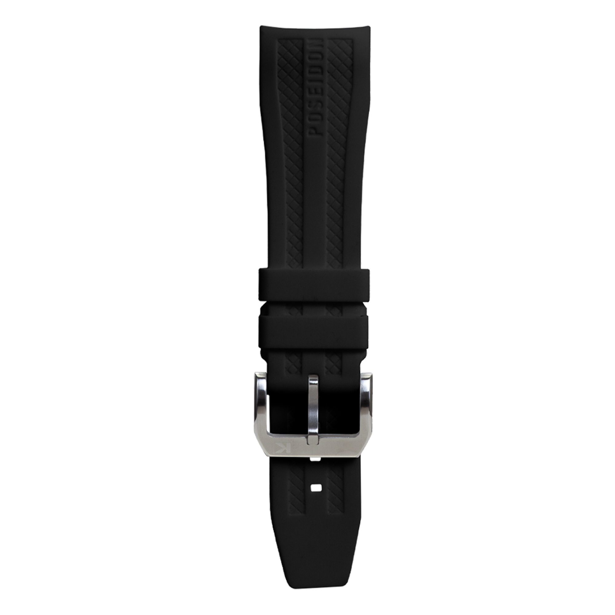 Schwarzes Gummi-Uhrenarmband mit silberner Schnalle und Prägung.
