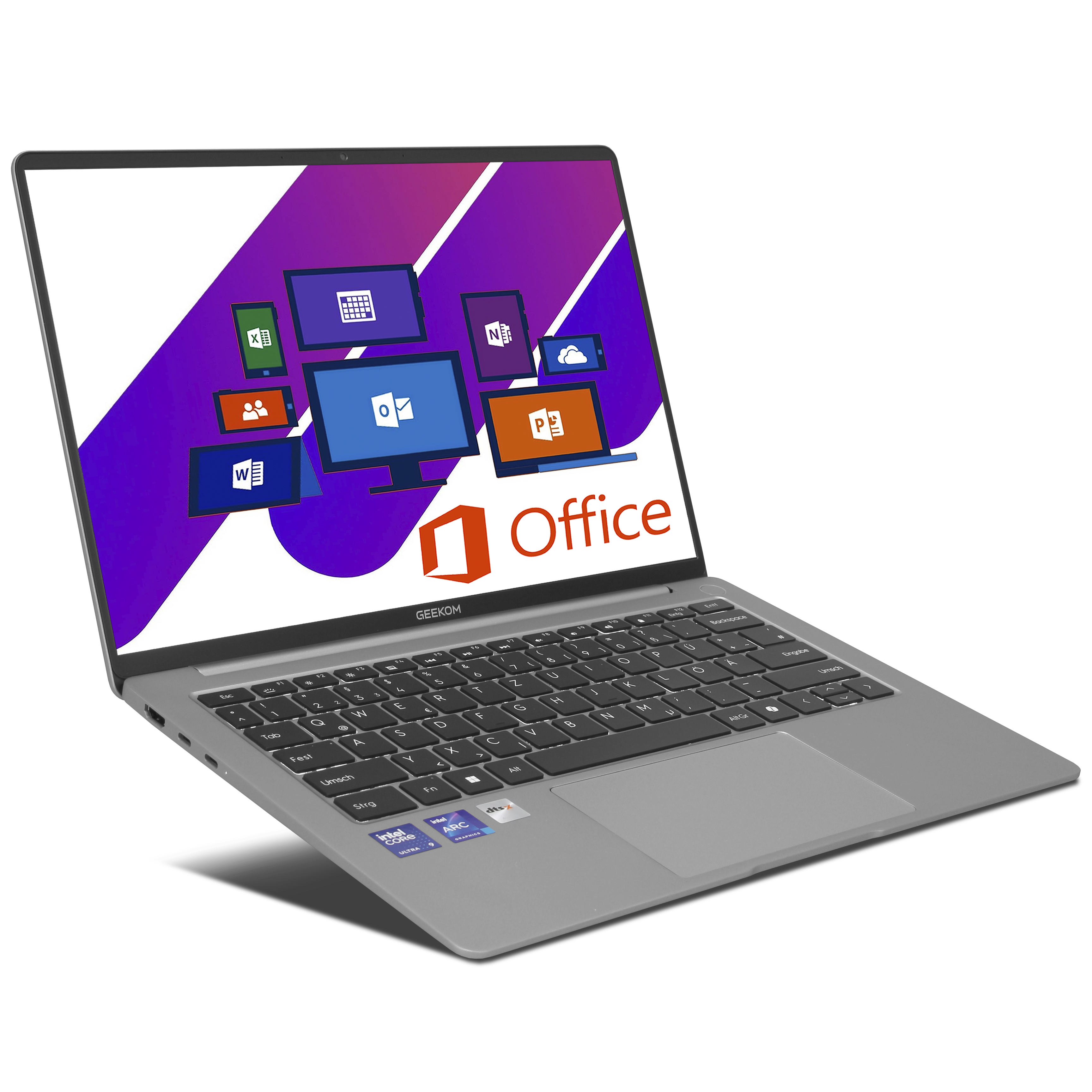 Ein silberner Laptop zeigt das Microsoft Office-Logo und App-Symbole auf dem Bildschirm.