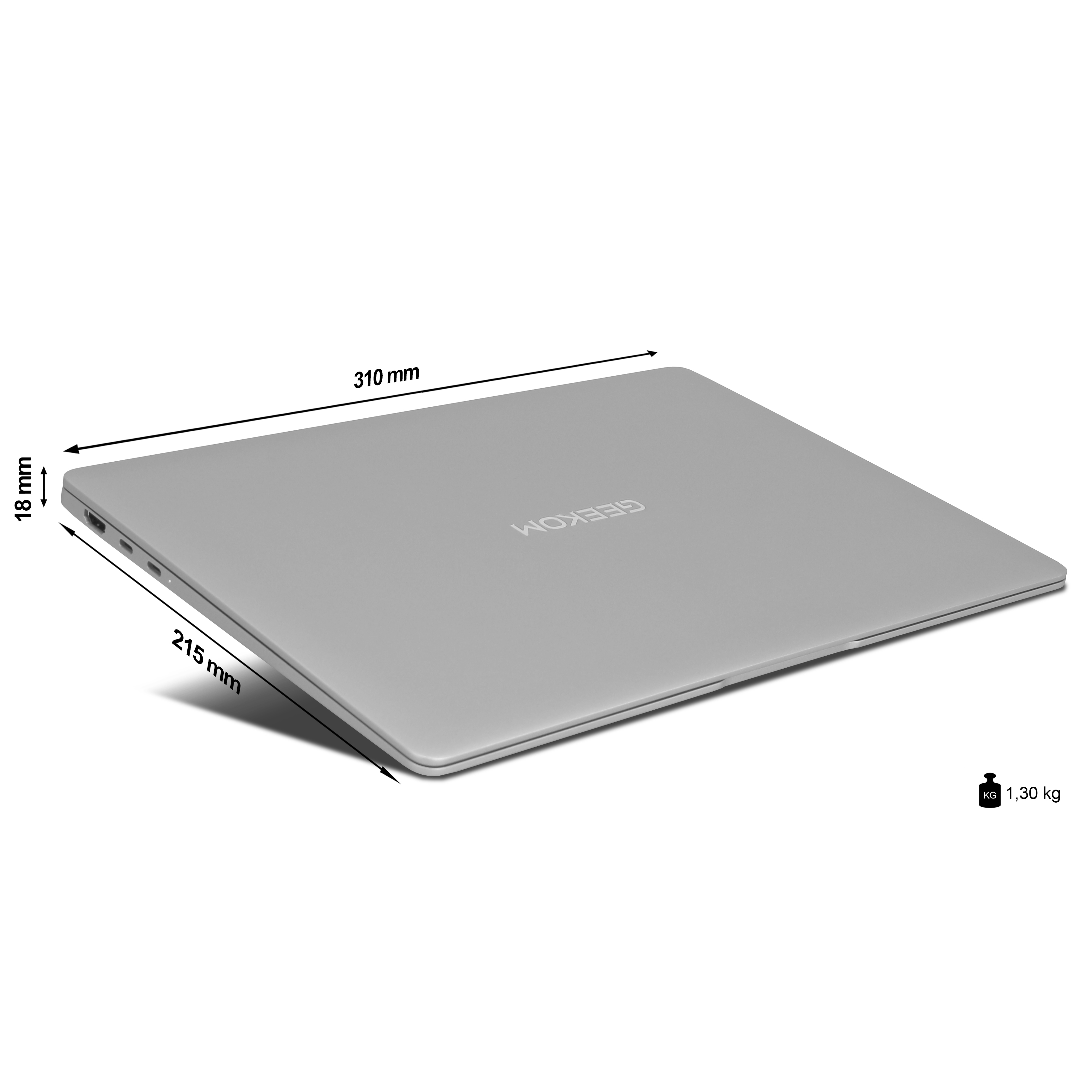 Grauer Laptop mit Maßen 310x215x18mm und einem Gewicht von 1,30kg.
