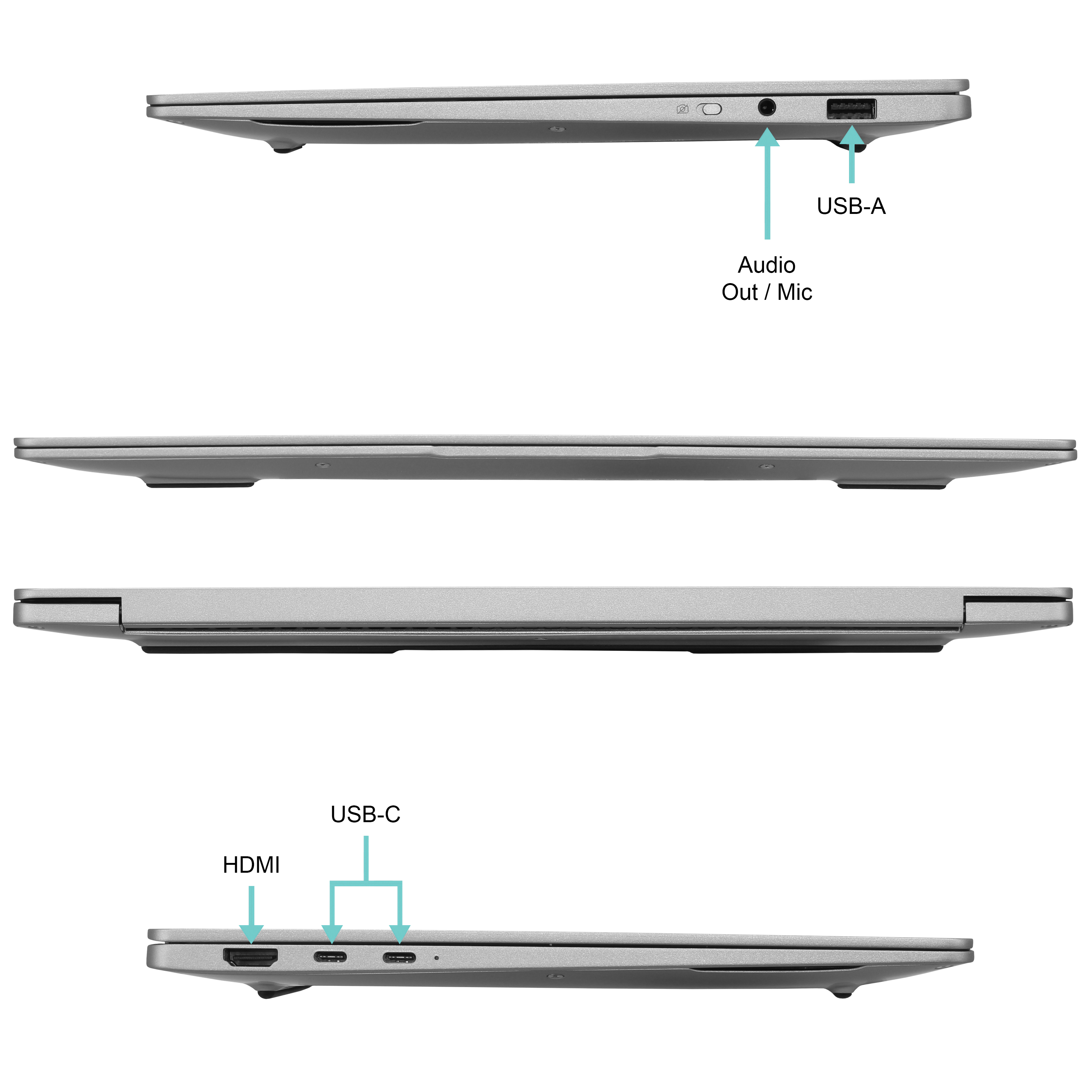Seitenansicht eines Laptops mit USB-A, Audioanschluss und HDMI- und USB-C-Anschlüssen.