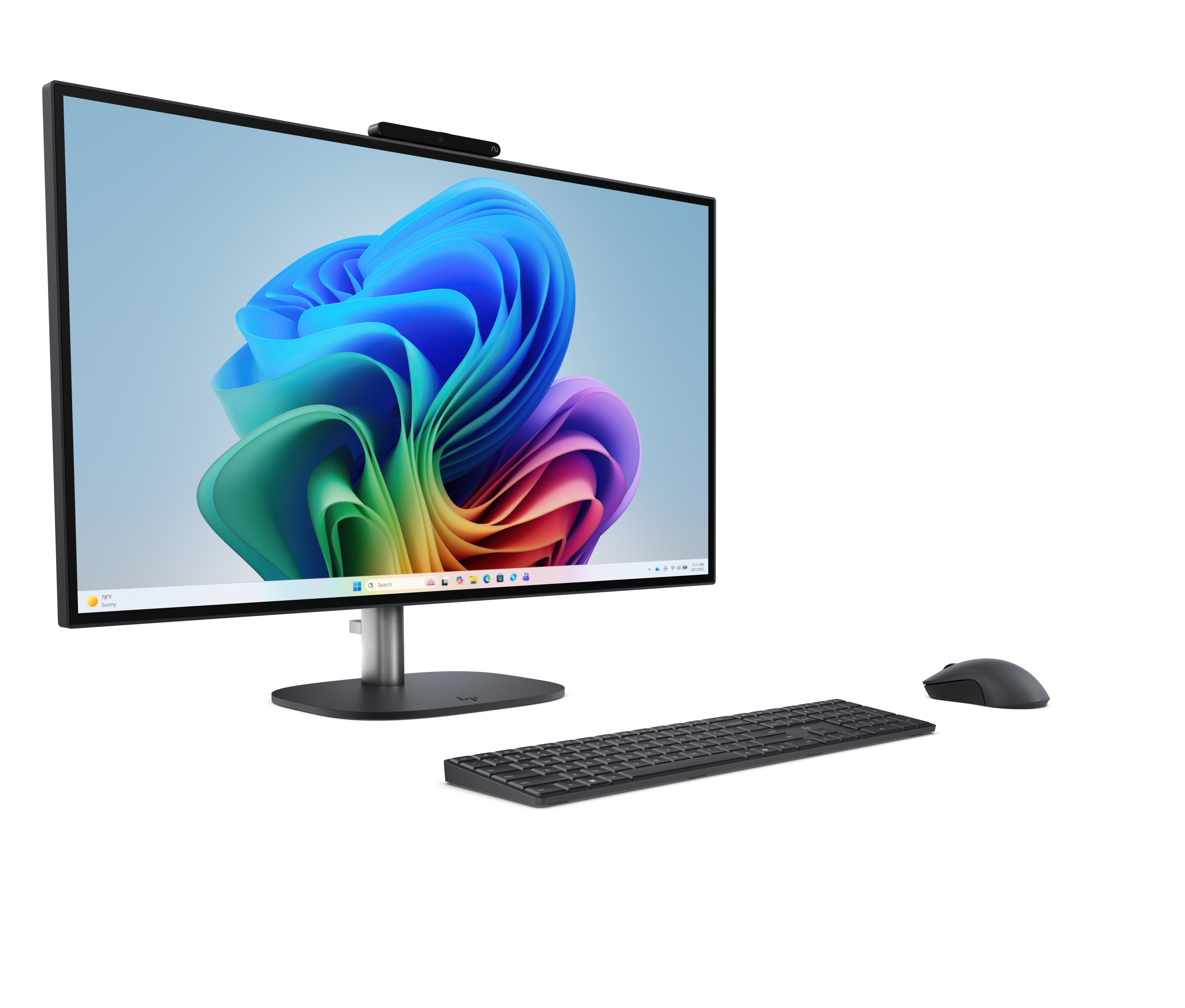 Een moderne all-in-one computer met kleurrijke abstracte achtergrond op het scherm.