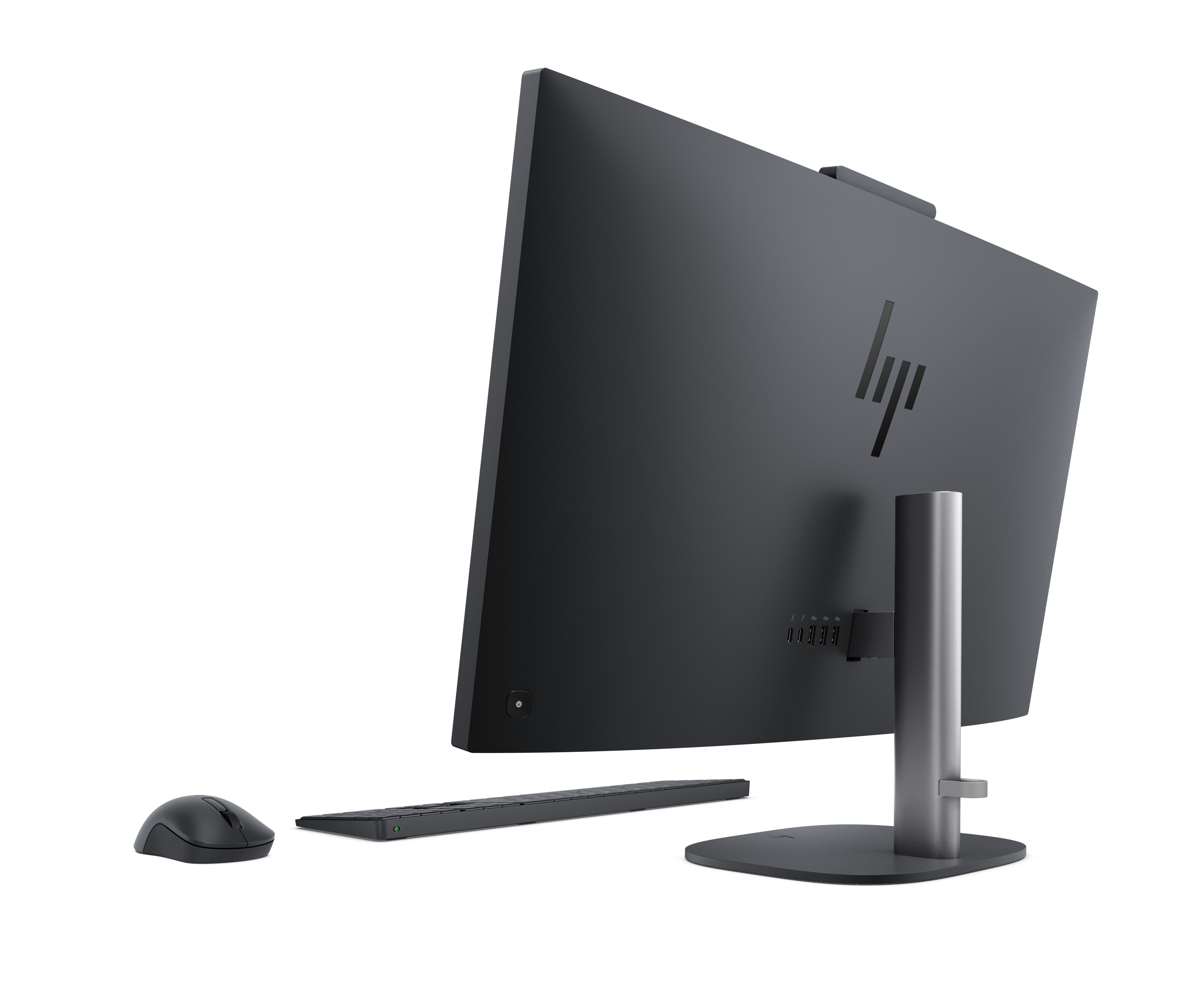 Zwarte HP All-in-One pc met muis en toetsenbord op witte achtergrond.