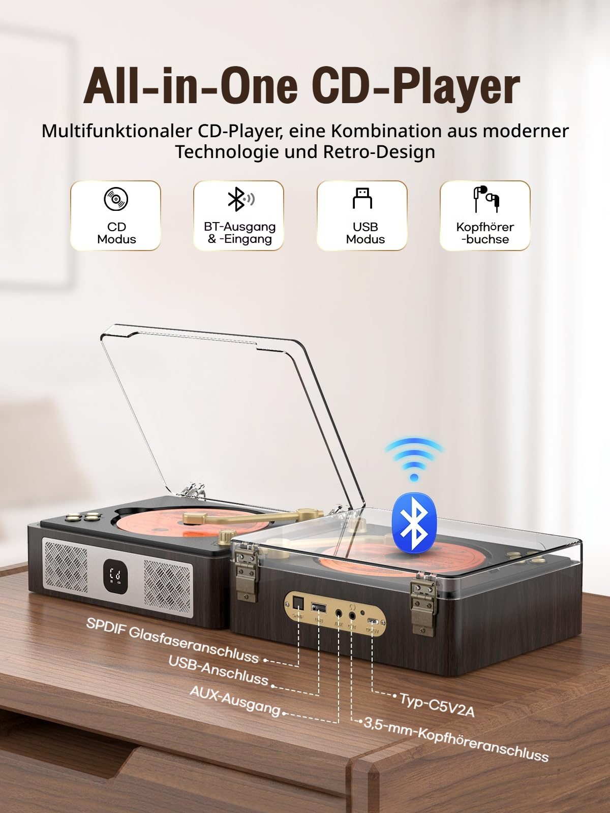 All-in-One CD-Player mit Retro-Design auf einem Holztisch. Zeigt CD-, BT-, USB-Modi an.