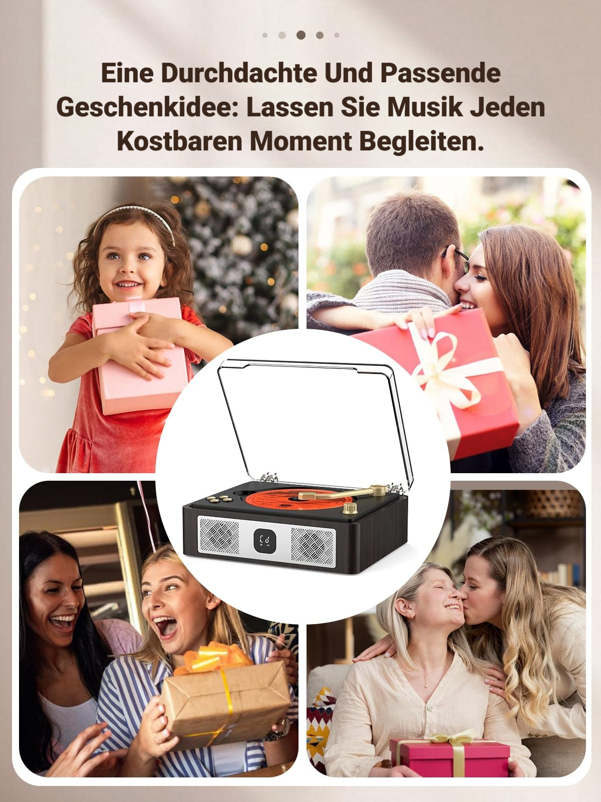 Collage zeigt Geschenke und Menschen, die sie erhalten.