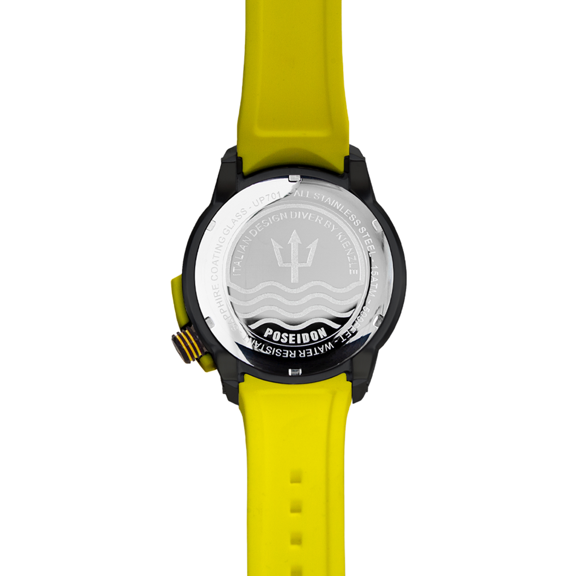 Die Rückseite einer gelben Taucheruhr mit Poseidon-Logo und Spezifikationen.