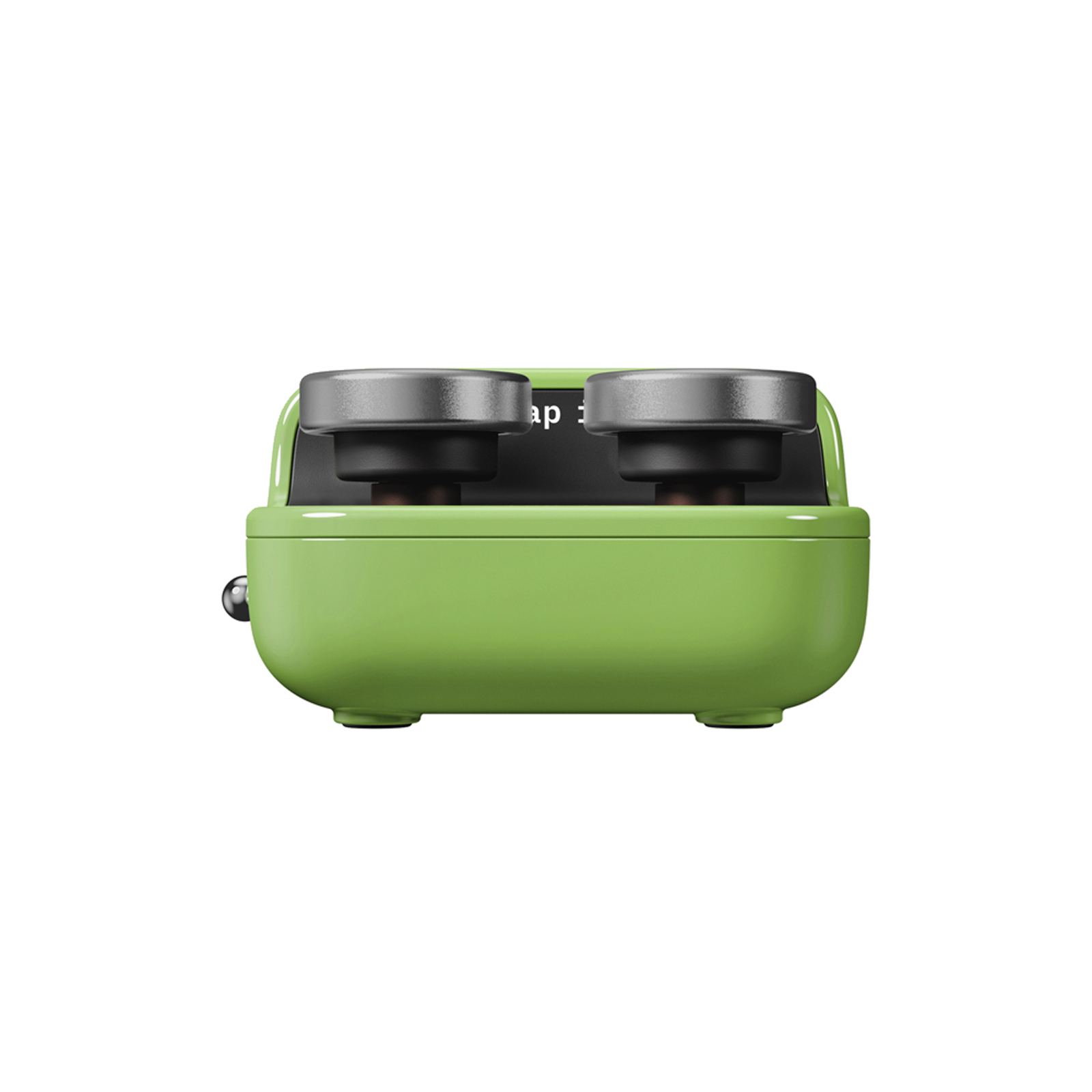 Dispositivo verde con due pulsanti grigi ed elementi neri.